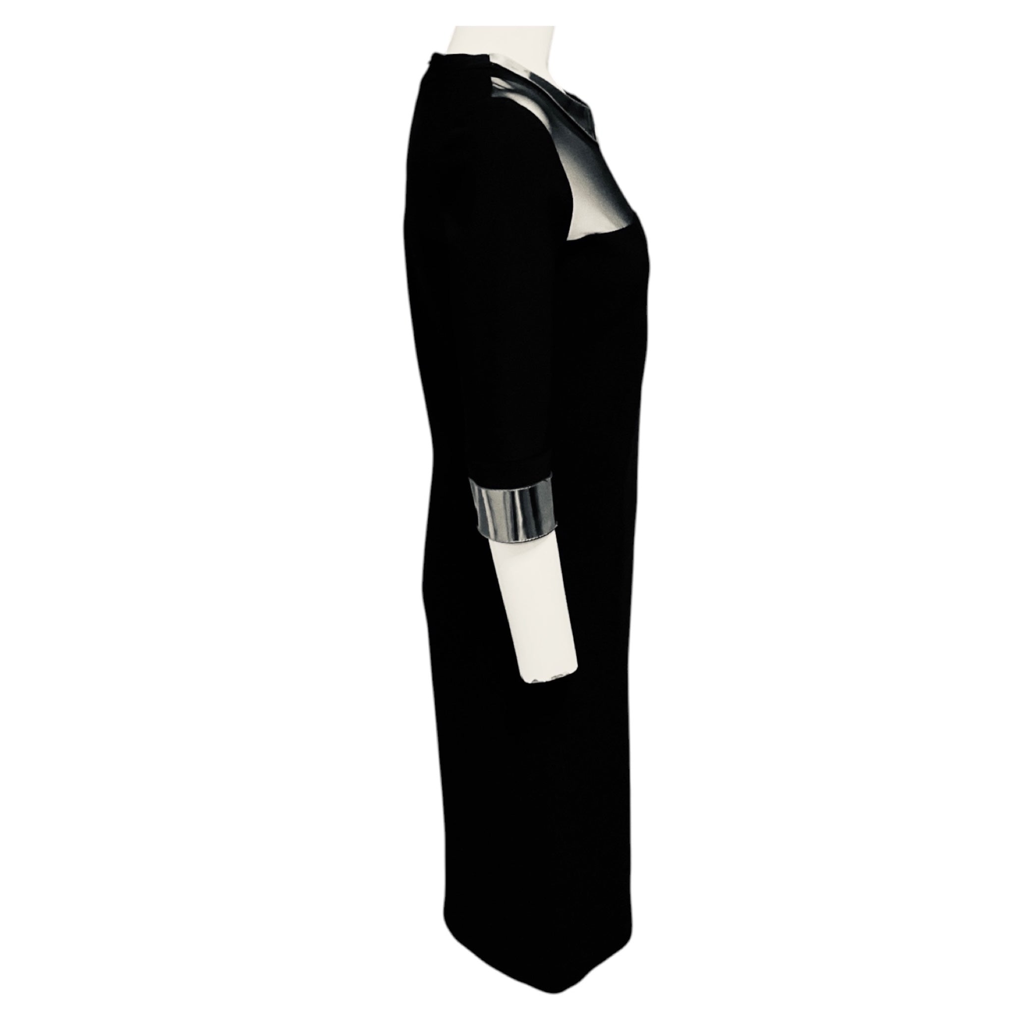 Mugler Black Stretch Knit Bodycon Midi Dress with Silver Trim