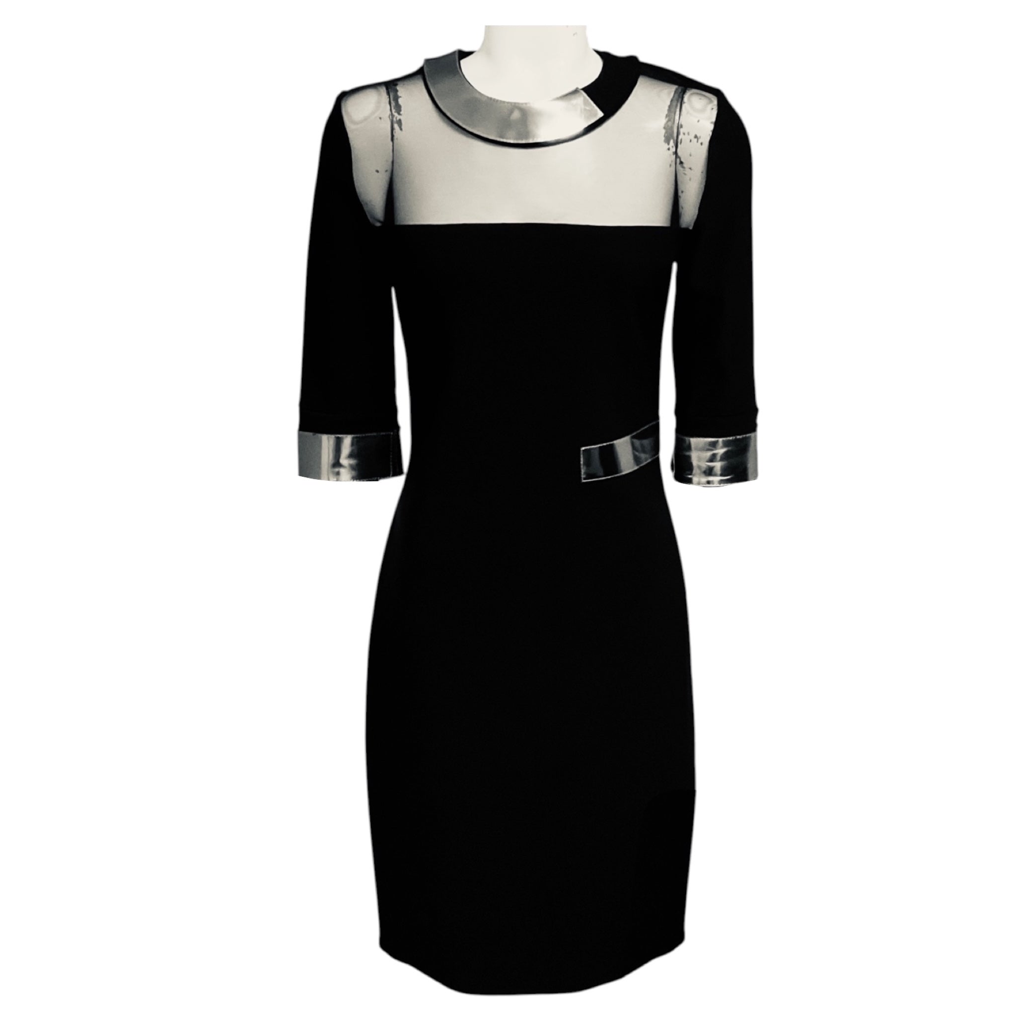 Mugler Black Stretch Knit Bodycon Midi Dress with Silver Trim
