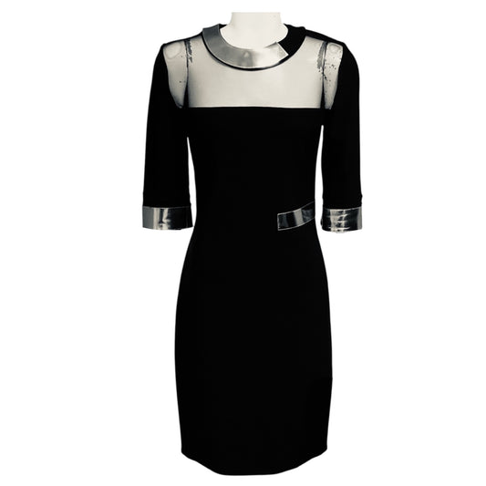 Mugler Black Stretch Knit Bodycon Midi Dress with Silver Trim