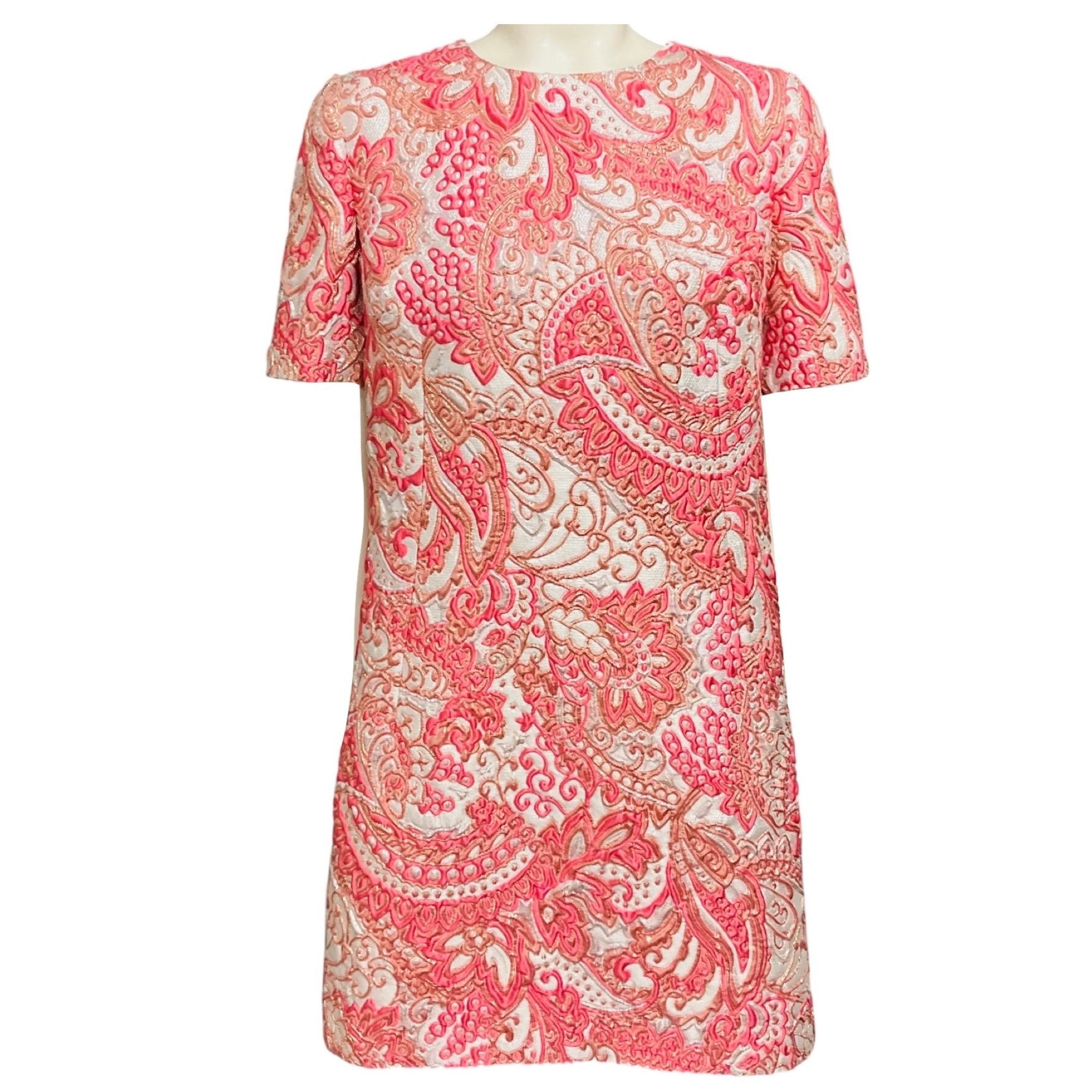 Dolce & Gabbana Pink Stone Embellished Short Sleeved Jacquard Cocktail Dress