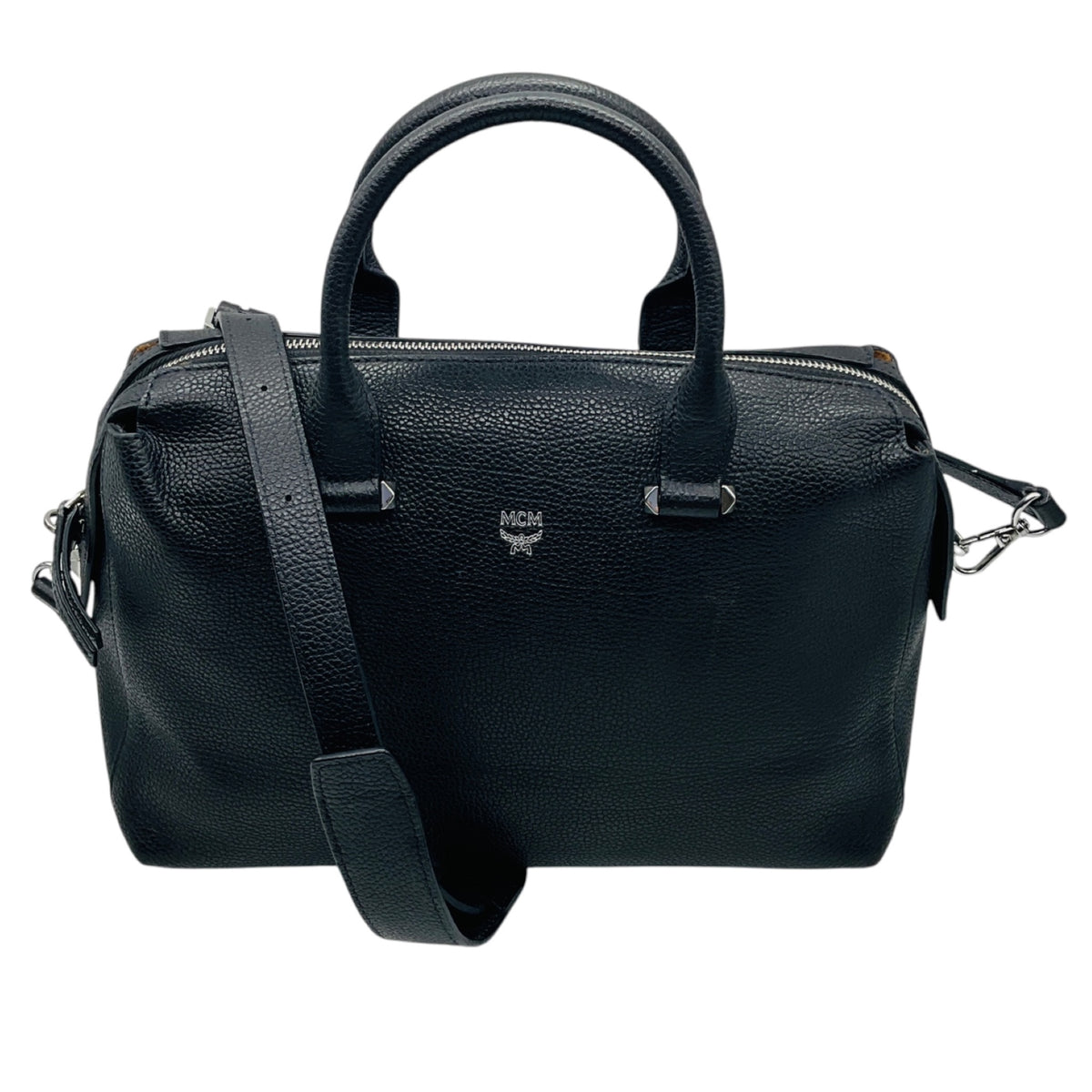 MCM Black Pebbled Leather Double Top Handle Shoulder Bag with Silver Hardware