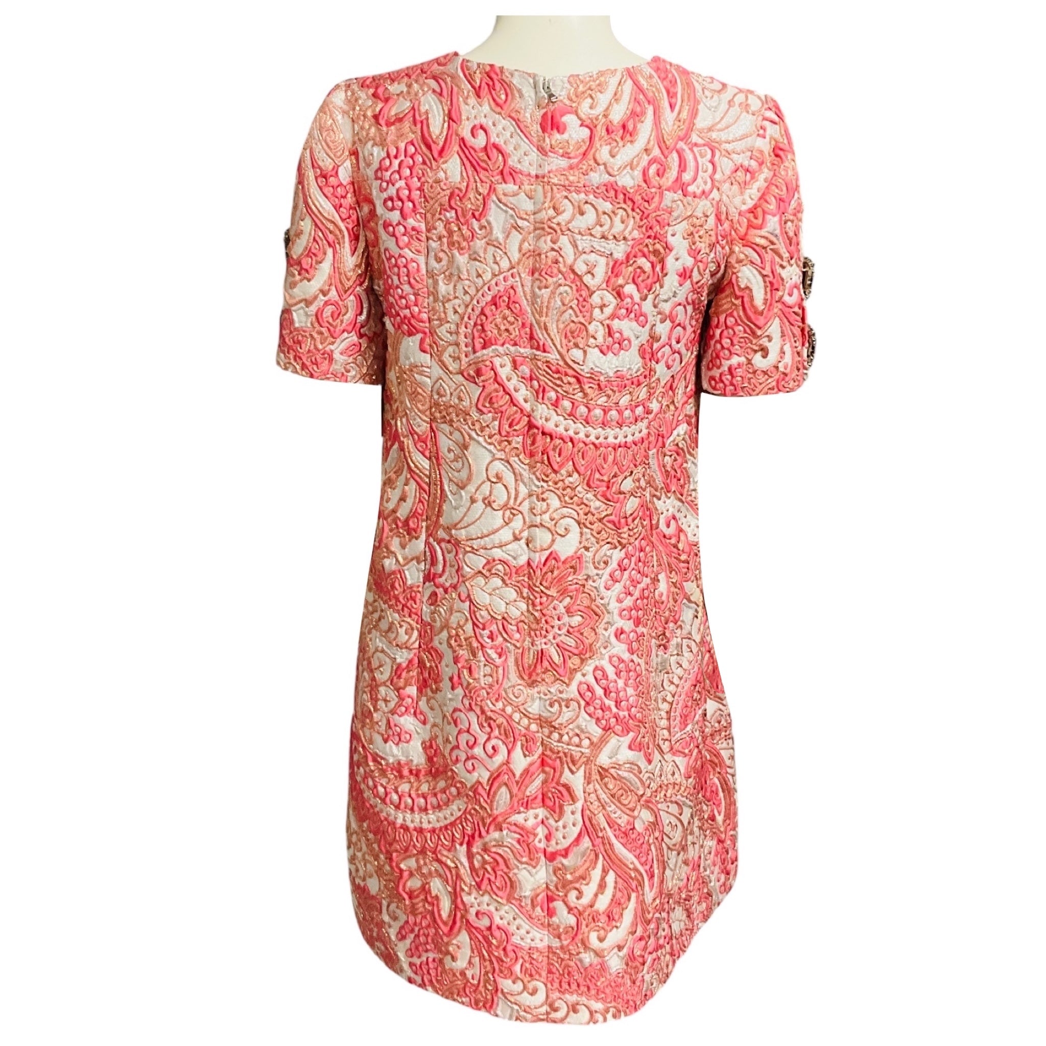 Dolce & Gabbana Pink Stone Embellished Short Sleeved Jacquard Cocktail Dress