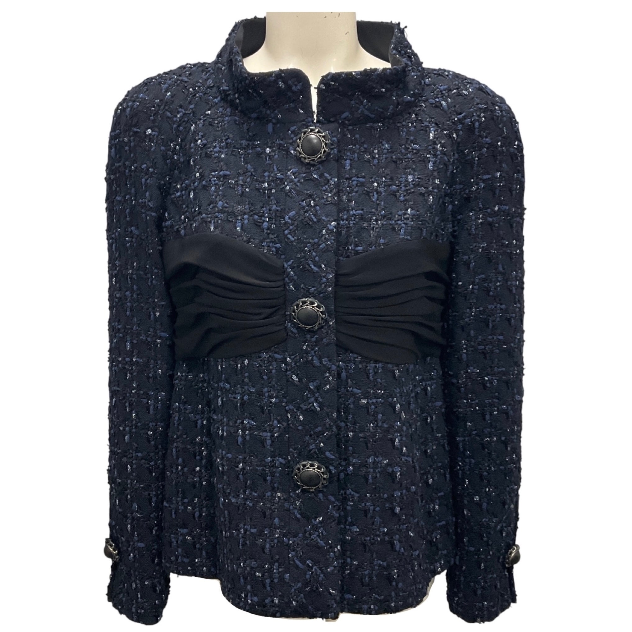 Chanel Navy / Black Chiffon Detail Tweed Jacket