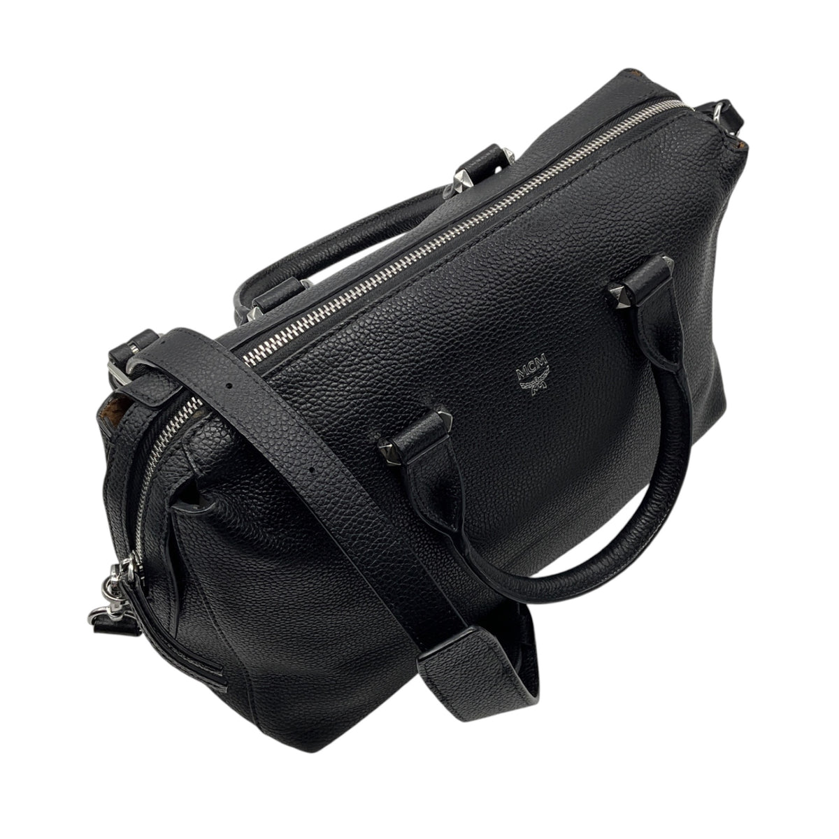 MCM Black Pebbled Leather Double Top Handle Shoulder Bag with Silver Hardware
