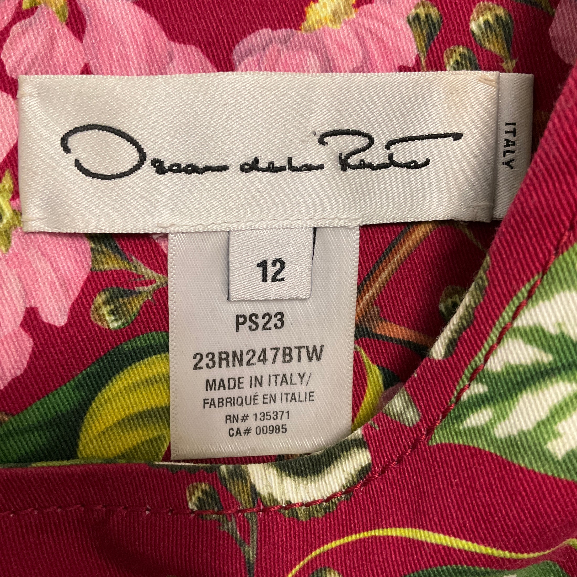 Oscar de la Renta Burgundy Multi Floral and Butterfly Print Sleeveless Cotton Stretch Dress with Belt