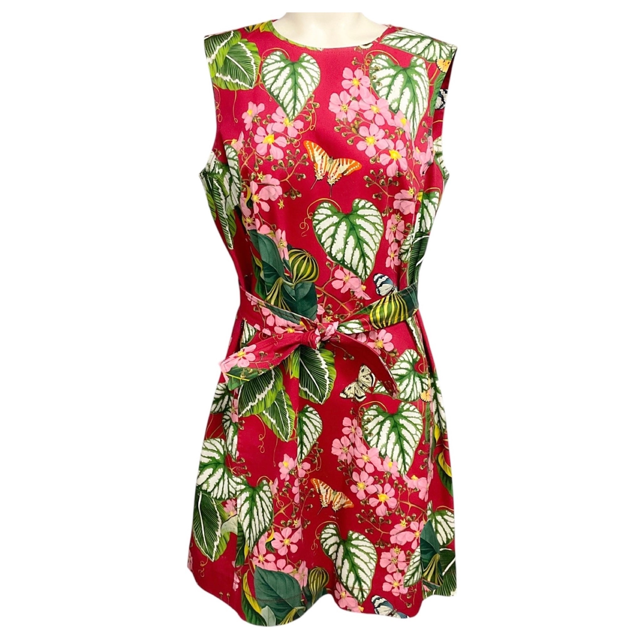 Oscar de la Renta Burgundy Multi Floral and Butterfly Print Sleeveless Cotton Stretch Dress with Belt