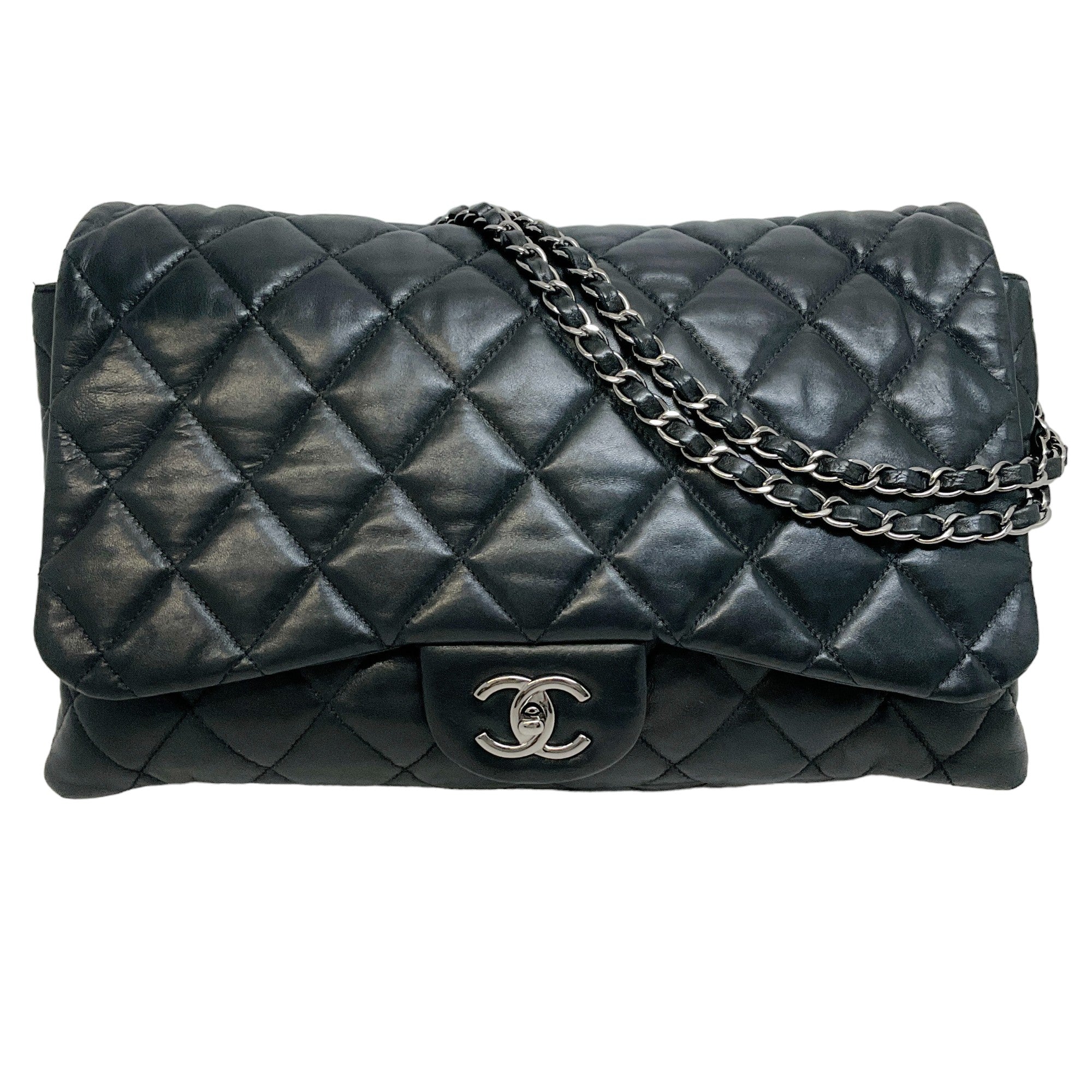 Chanel 2009-2010 Black Lambskin Leather Maxi Single Flap Bag