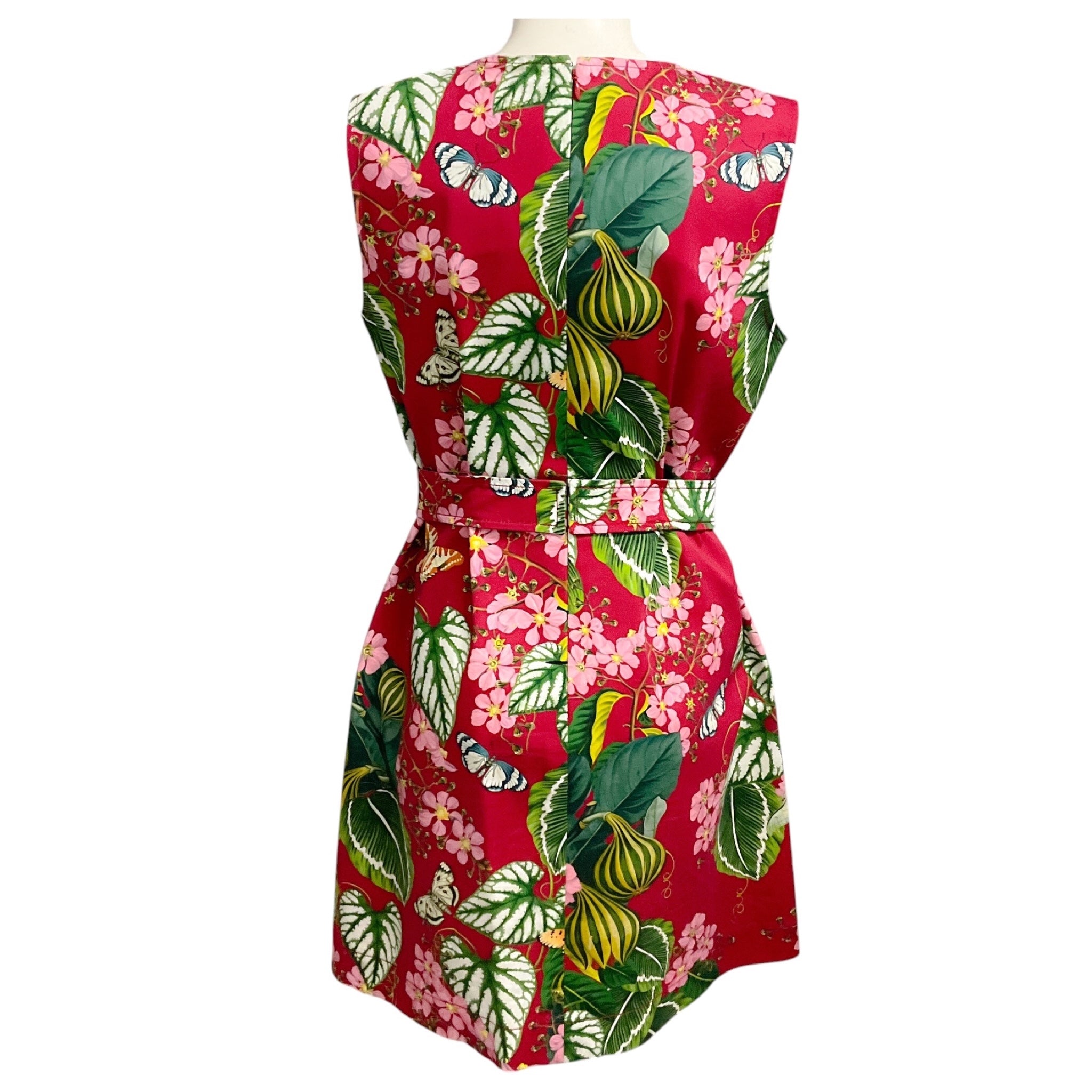 Oscar de la Renta Burgundy Multi Floral and Butterfly Print Sleeveless Cotton Stretch Dress with Belt