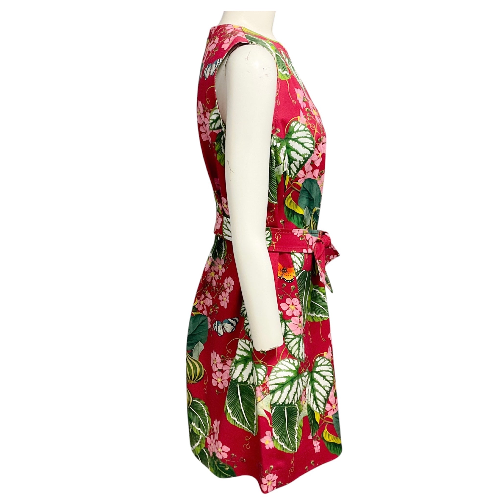 Oscar de la Renta Burgundy Multi Floral and Butterfly Print Sleeveless Cotton Stretch Dress with Belt