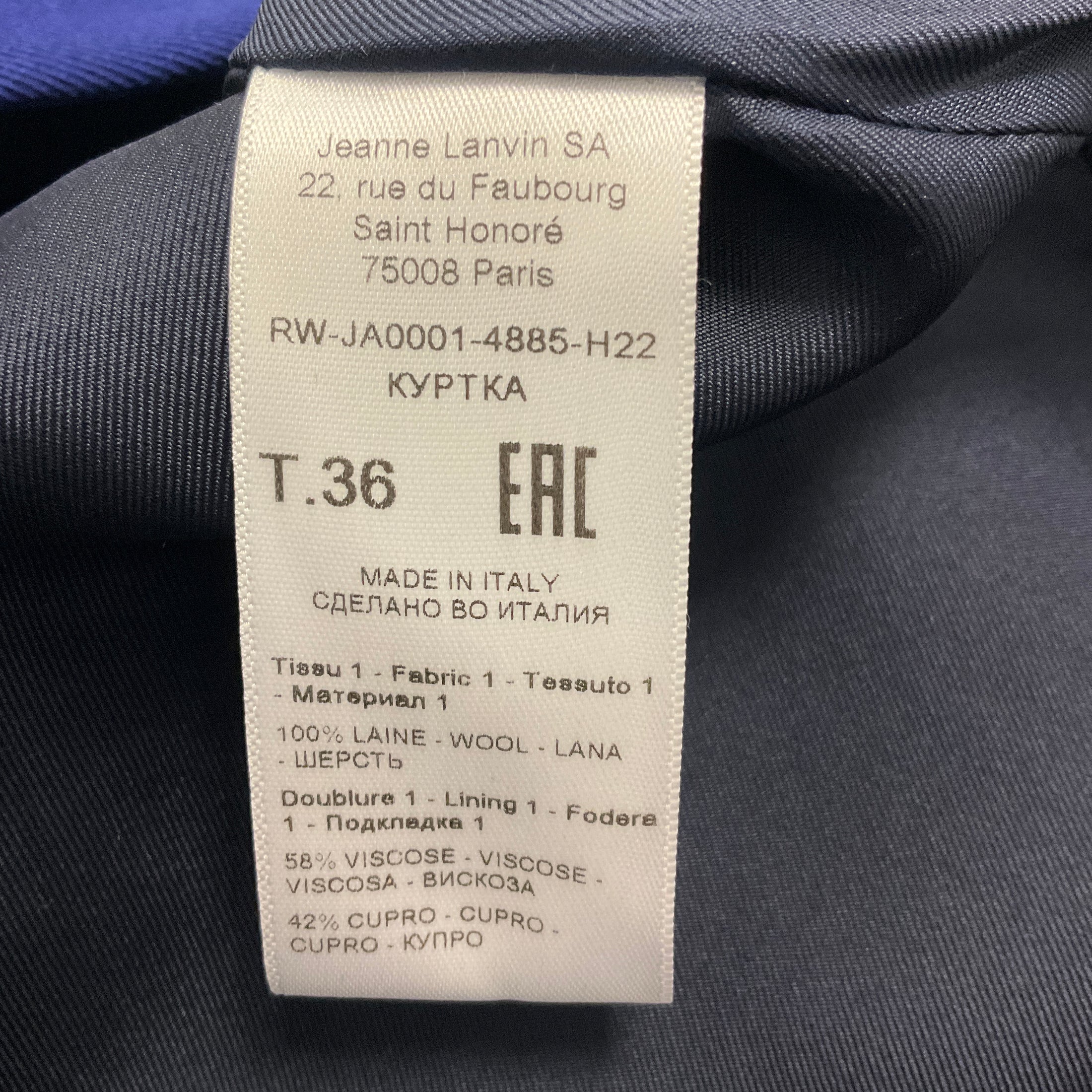 Lanvin Majorelle Blue Wool Jacket