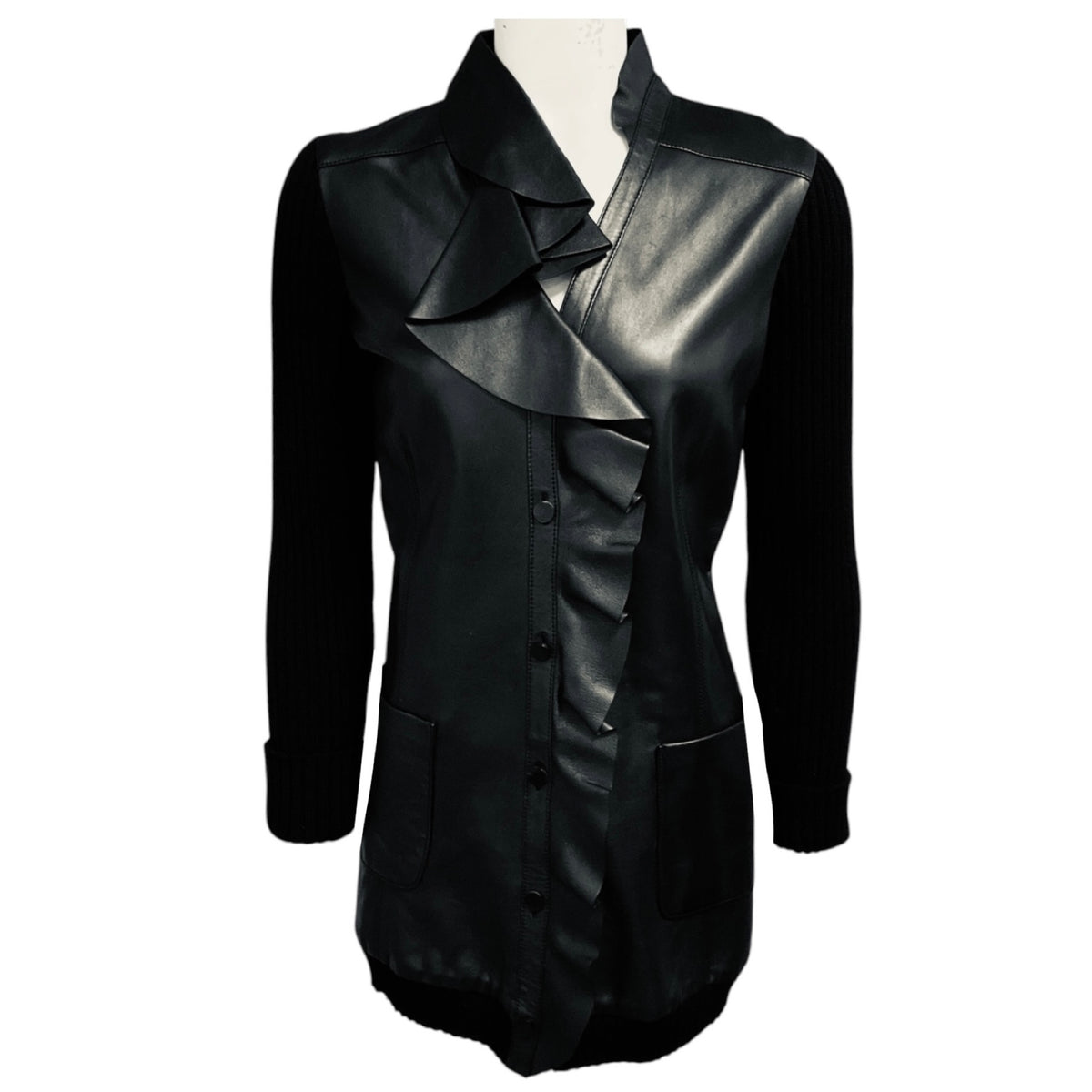 Valentino Black Ruffled Lambskin Leather Jacket with Wool Knit Sleeves