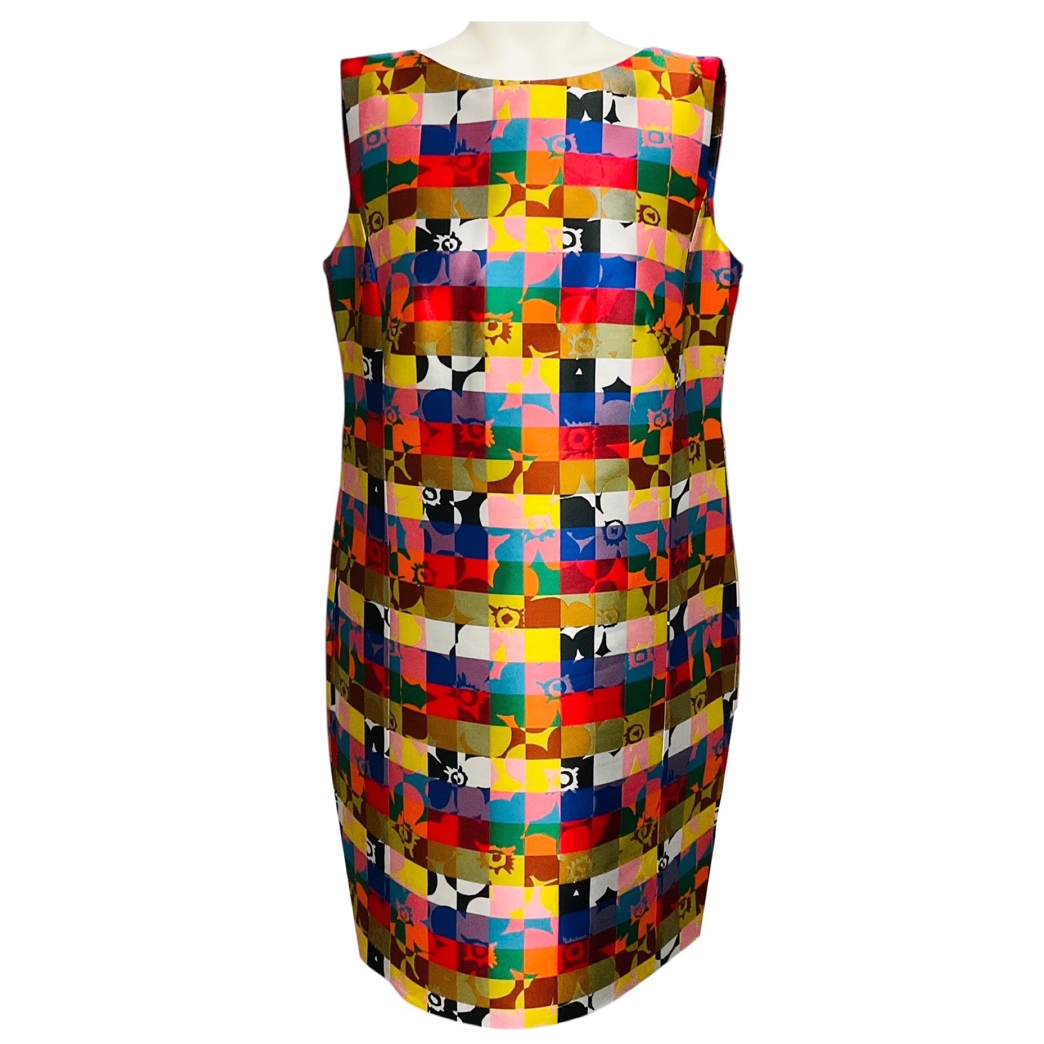 Akris Punto Multicolor Rainbow Square Check Grid Floral Print Jacquard Shift Dress