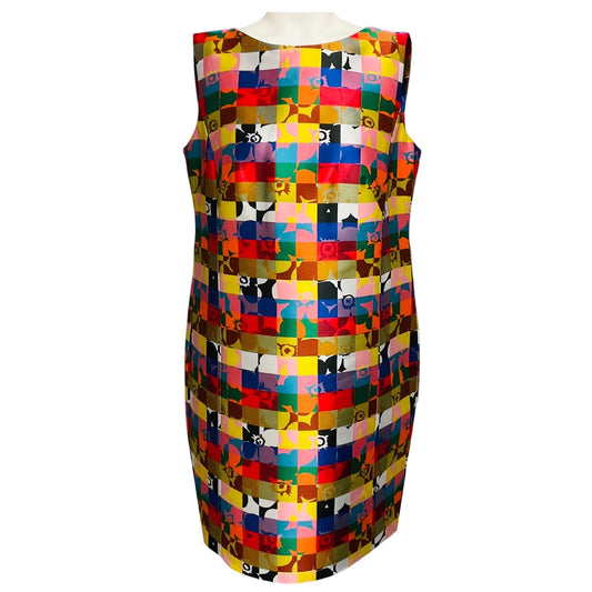 Akris Punto Multicolor Rainbow Square Check Grid Floral Print Jacquard Shift Dress