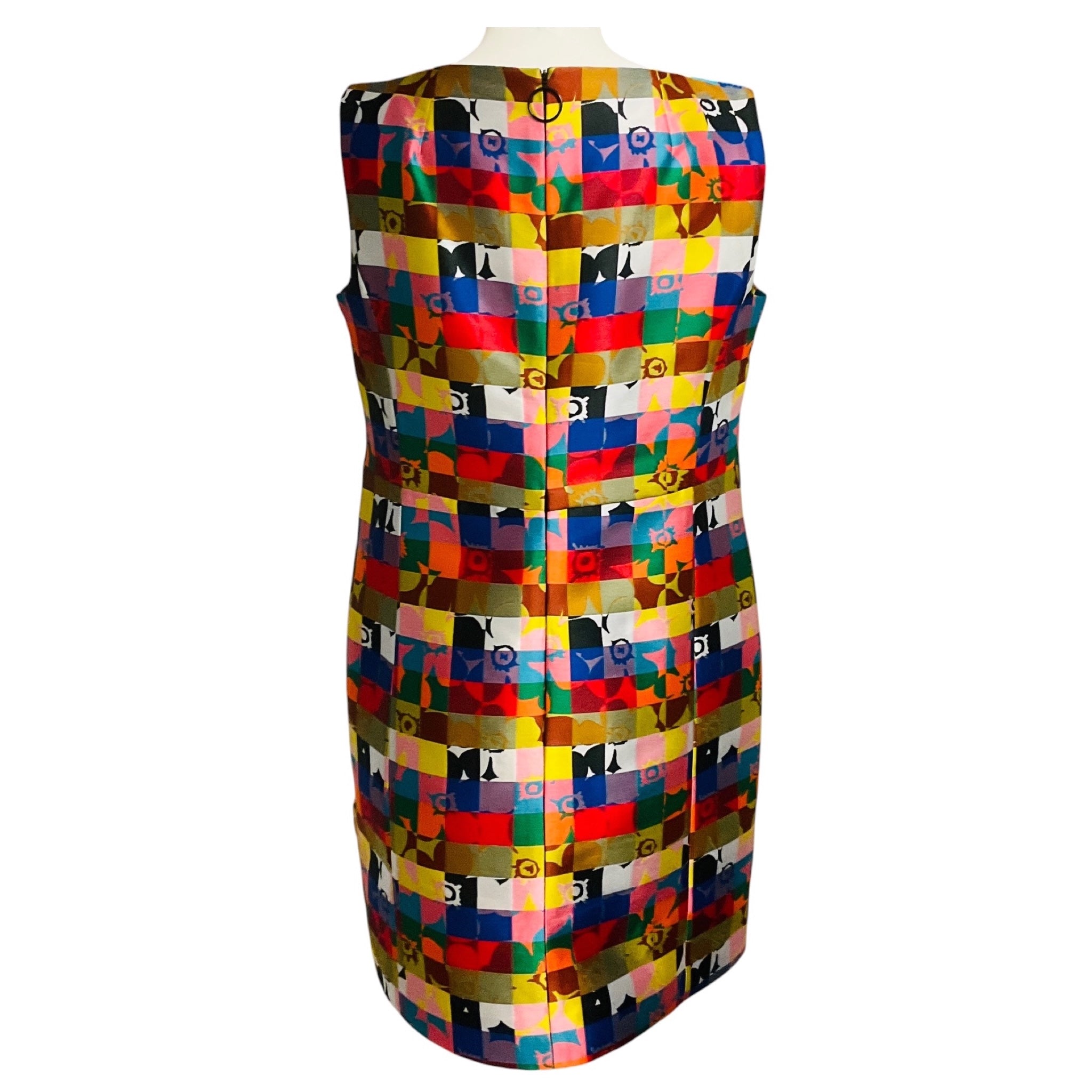 Akris Punto Multicolor Rainbow Square Check Grid Floral Print Jacquard Shift Dress