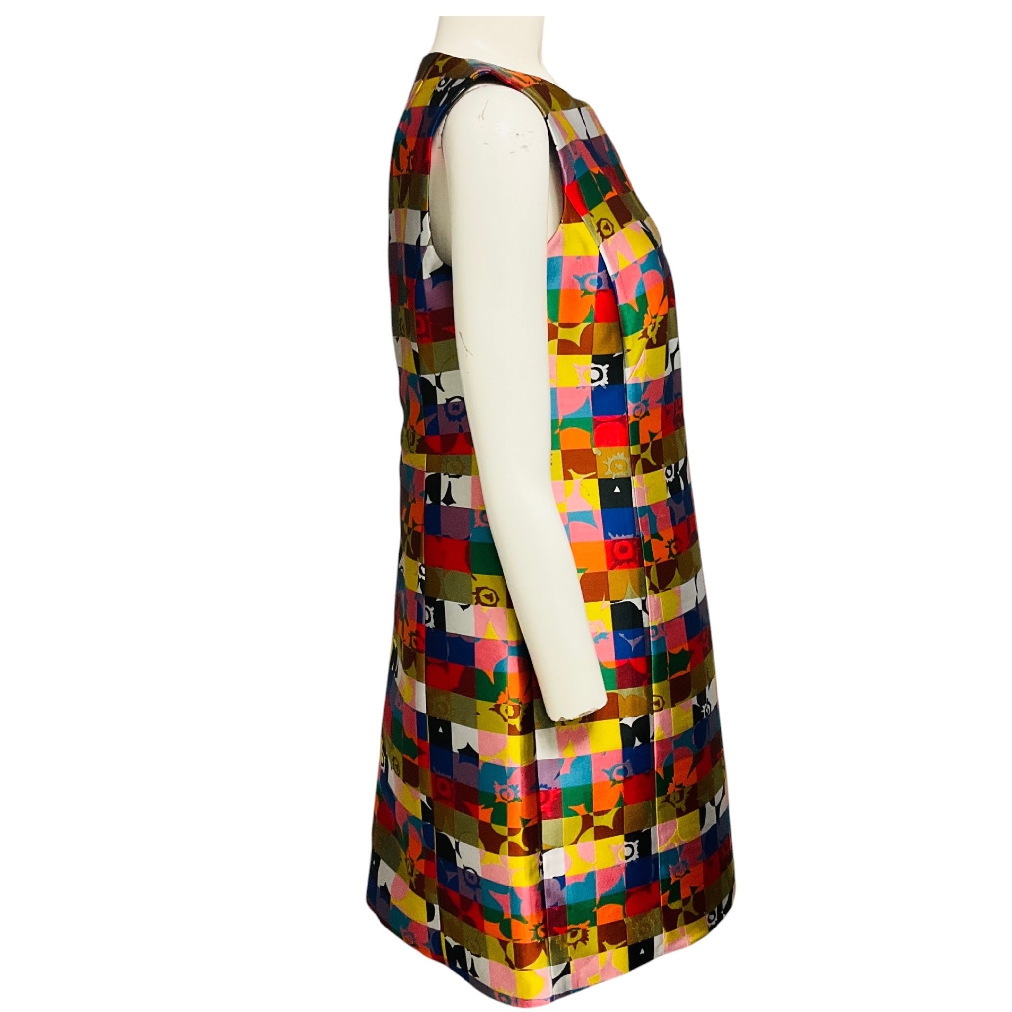 Akris Punto Multicolor Rainbow Square Check Grid Floral Print Jacquard Shift Dress