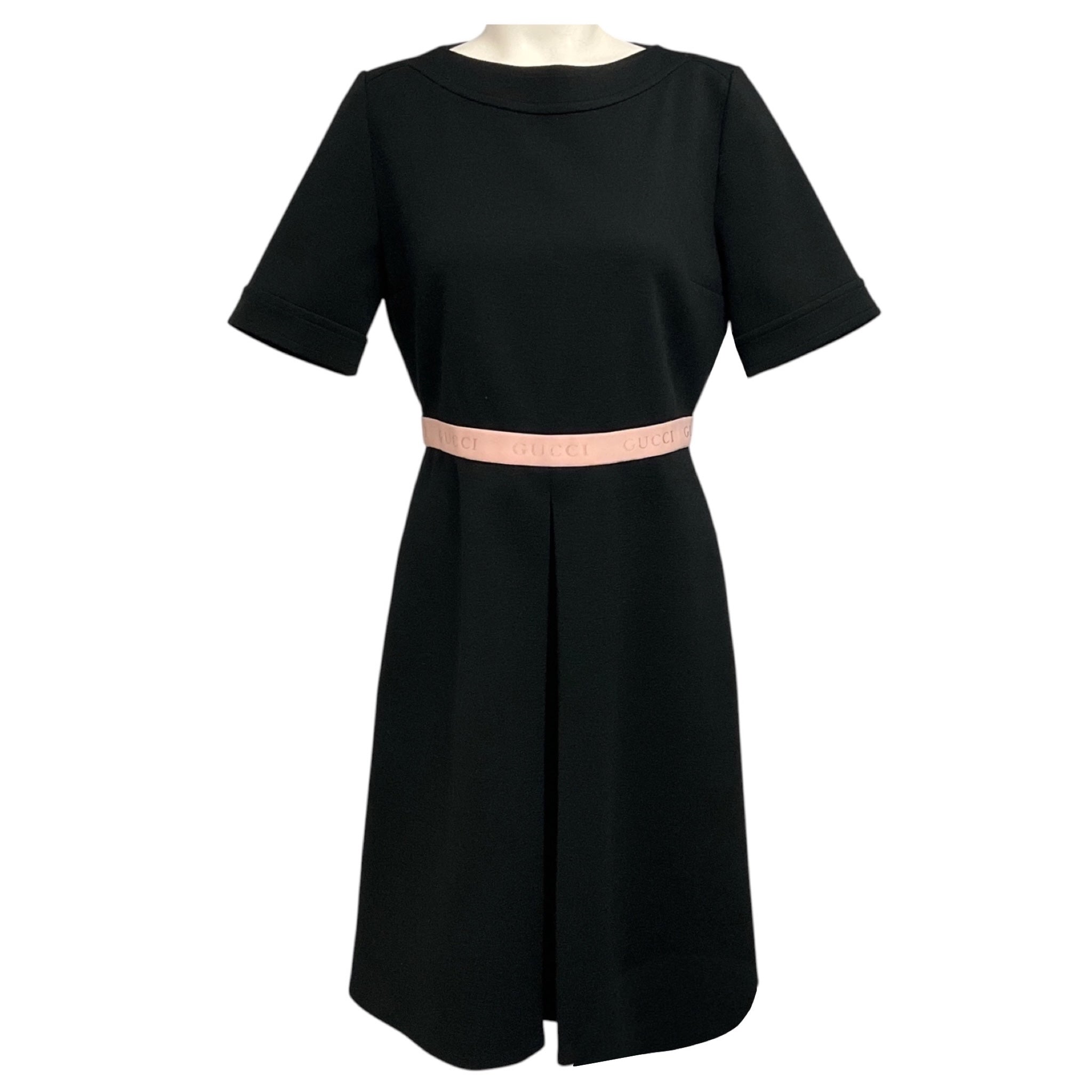 Gucci Black Short Sleeved Wool Knit Dress with Light Pink Logo Waist