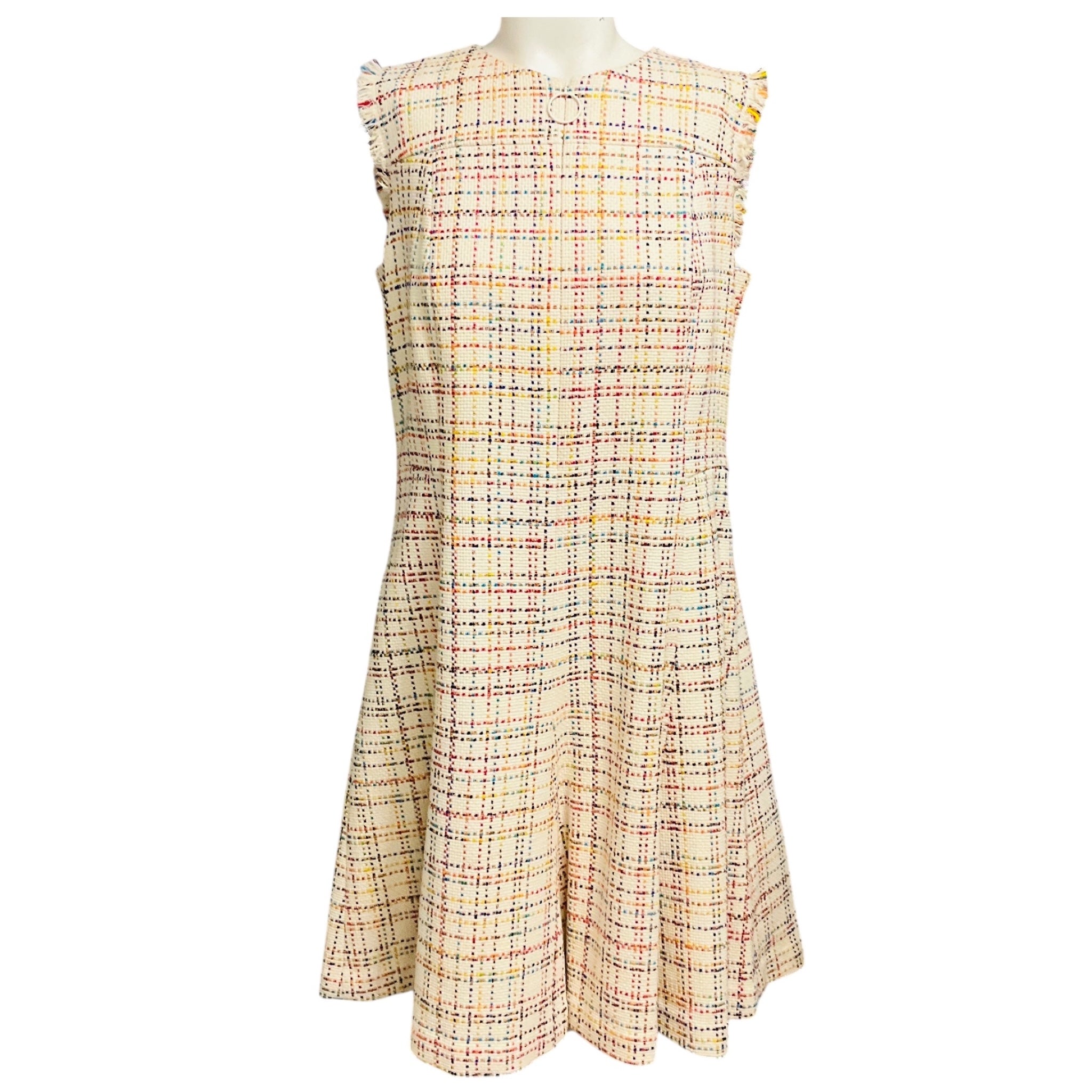 Akris Punto Cream Multicolor Lurex Metallic Raw Edge Sleeveless Tweed Dress