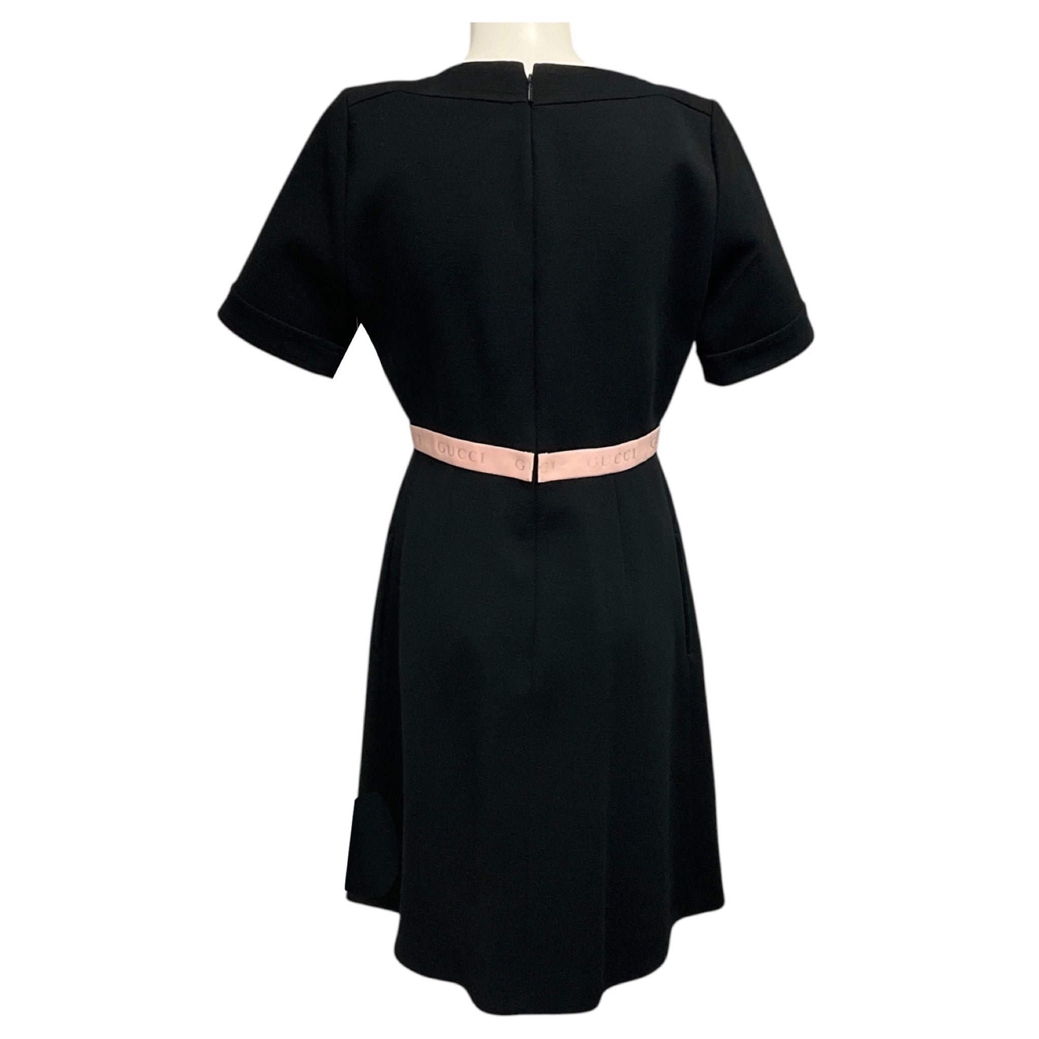 Gucci Black Short Sleeved Wool Knit Dress with Light Pink Logo Waist