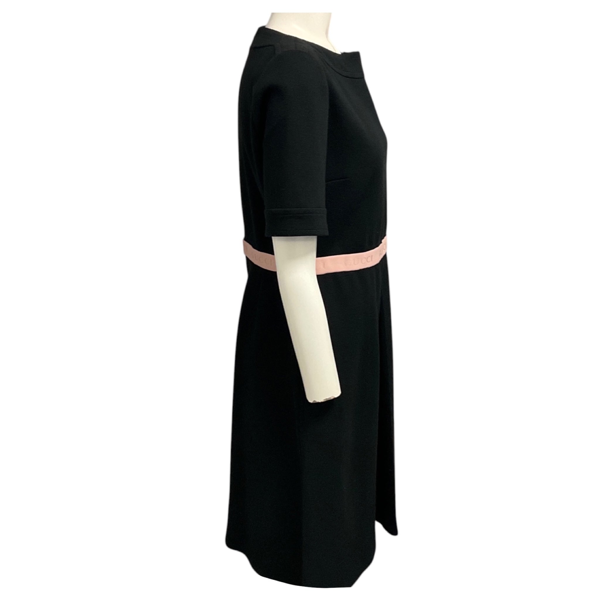Gucci Black Short Sleeved Wool Knit Dress with Light Pink Logo Waist