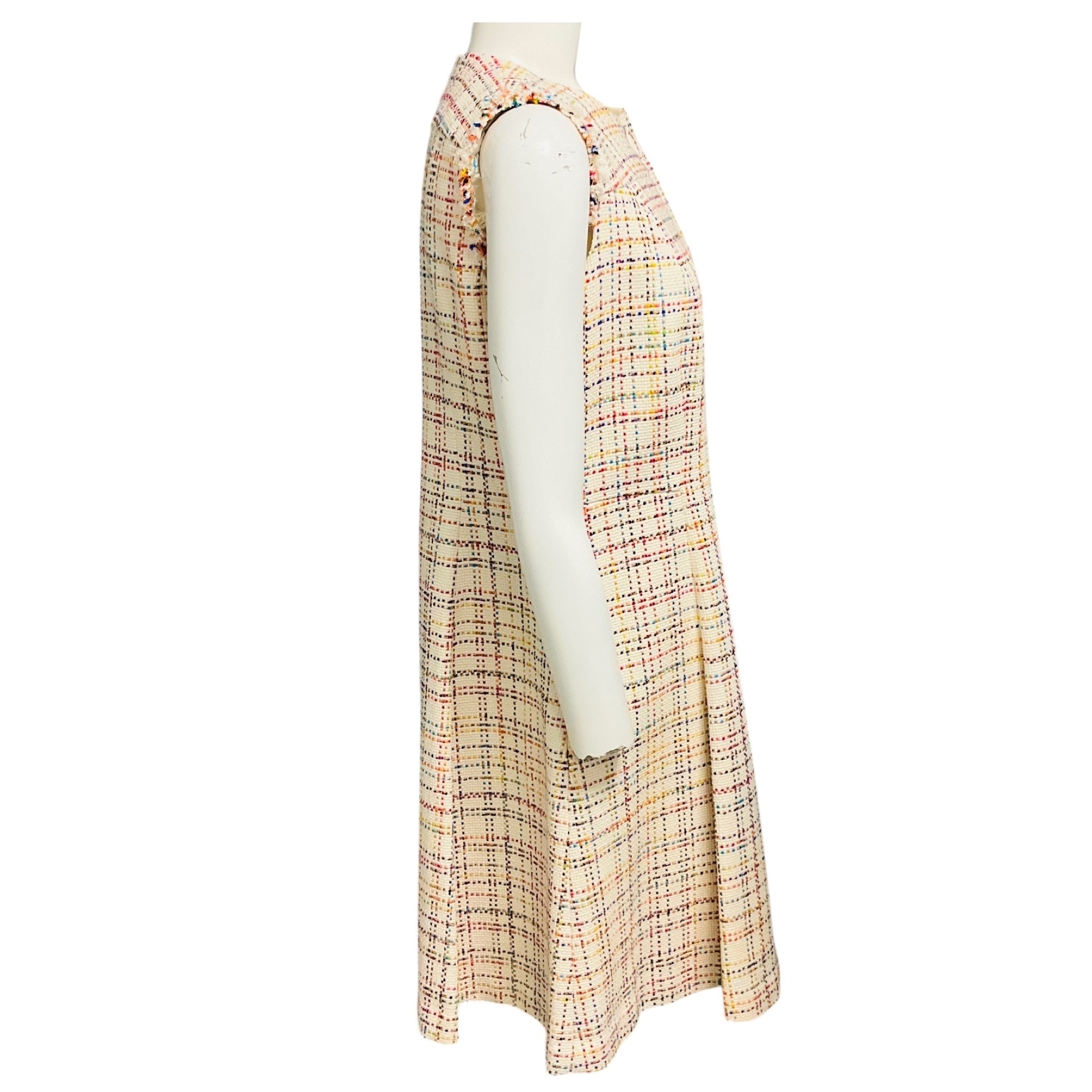 Akris Punto Cream Multicolor Lurex Metallic Raw Edge Sleeveless Tweed Dress