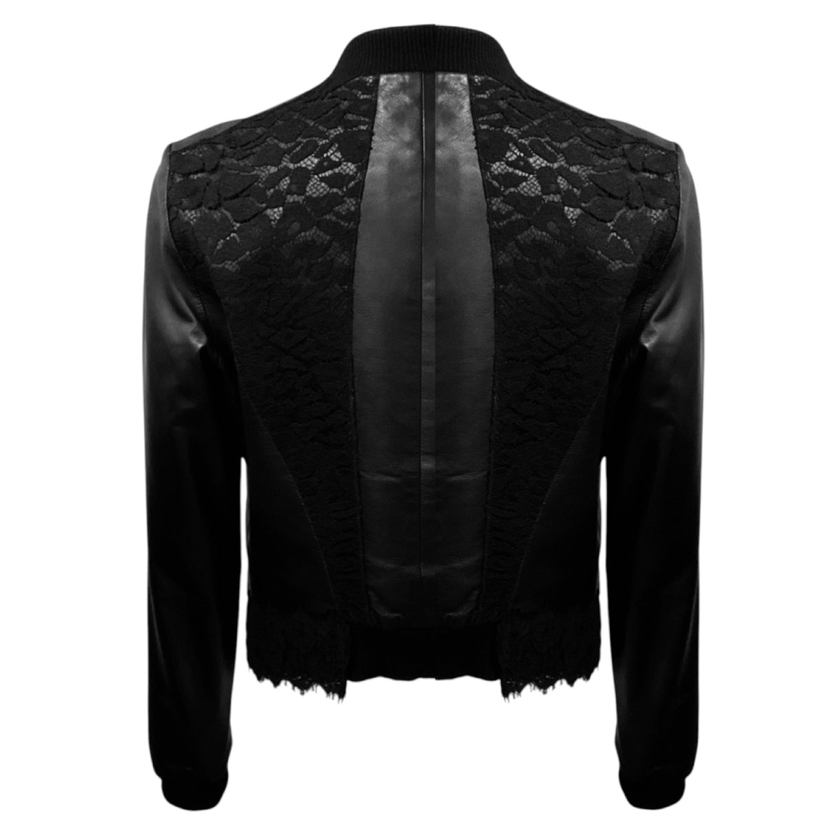 Nina Ricci Black Lamb Leather Zip Front Bomber Jacket with Lace Trim