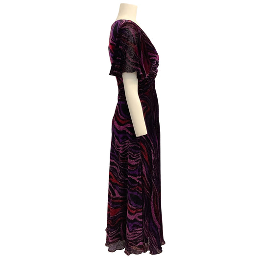 Prabal Gurung Purple Multi Velvet Flutter Sleeve Twist Front Midi Dress
