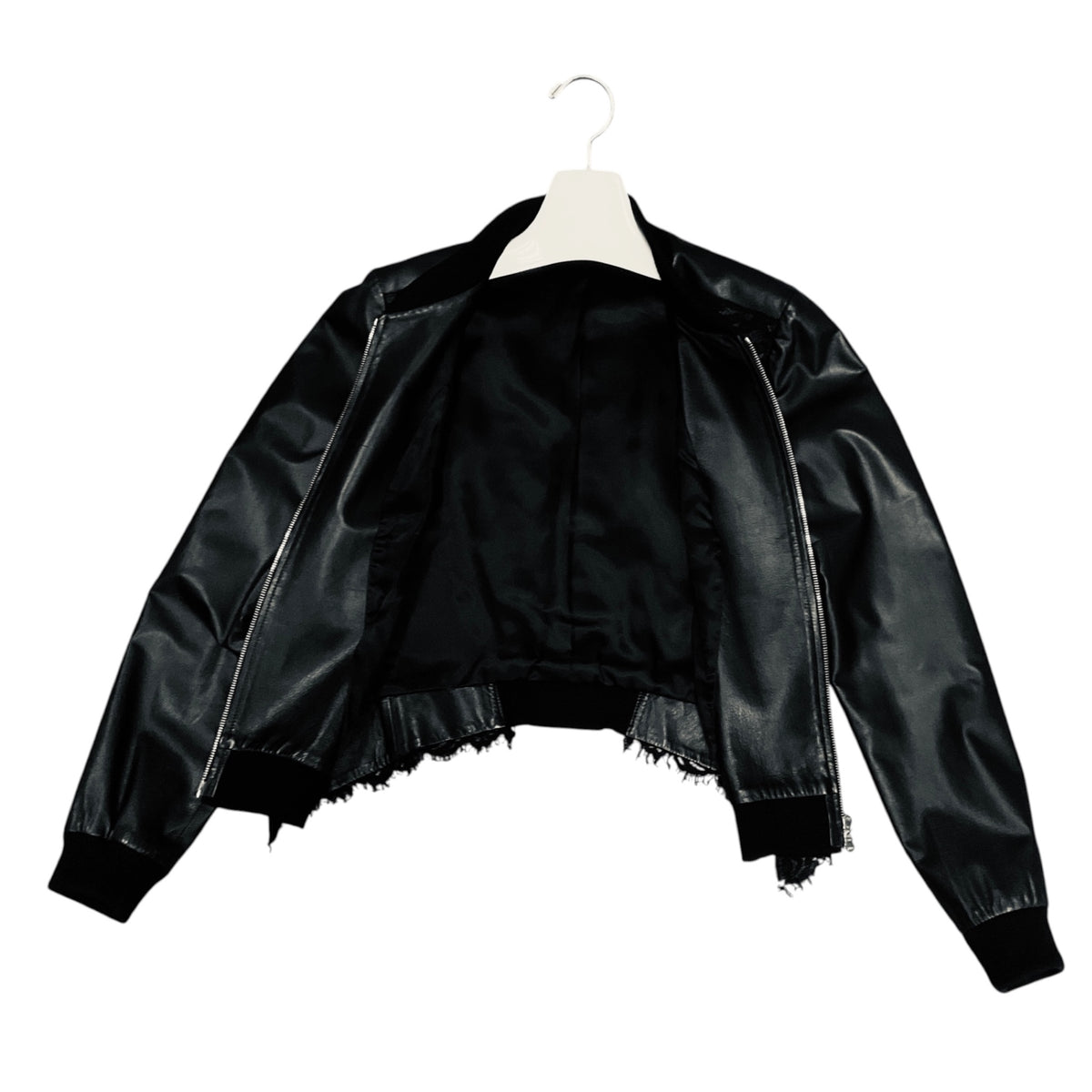 Nina Ricci Black Lamb Leather Zip Front Bomber Jacket with Lace Trim