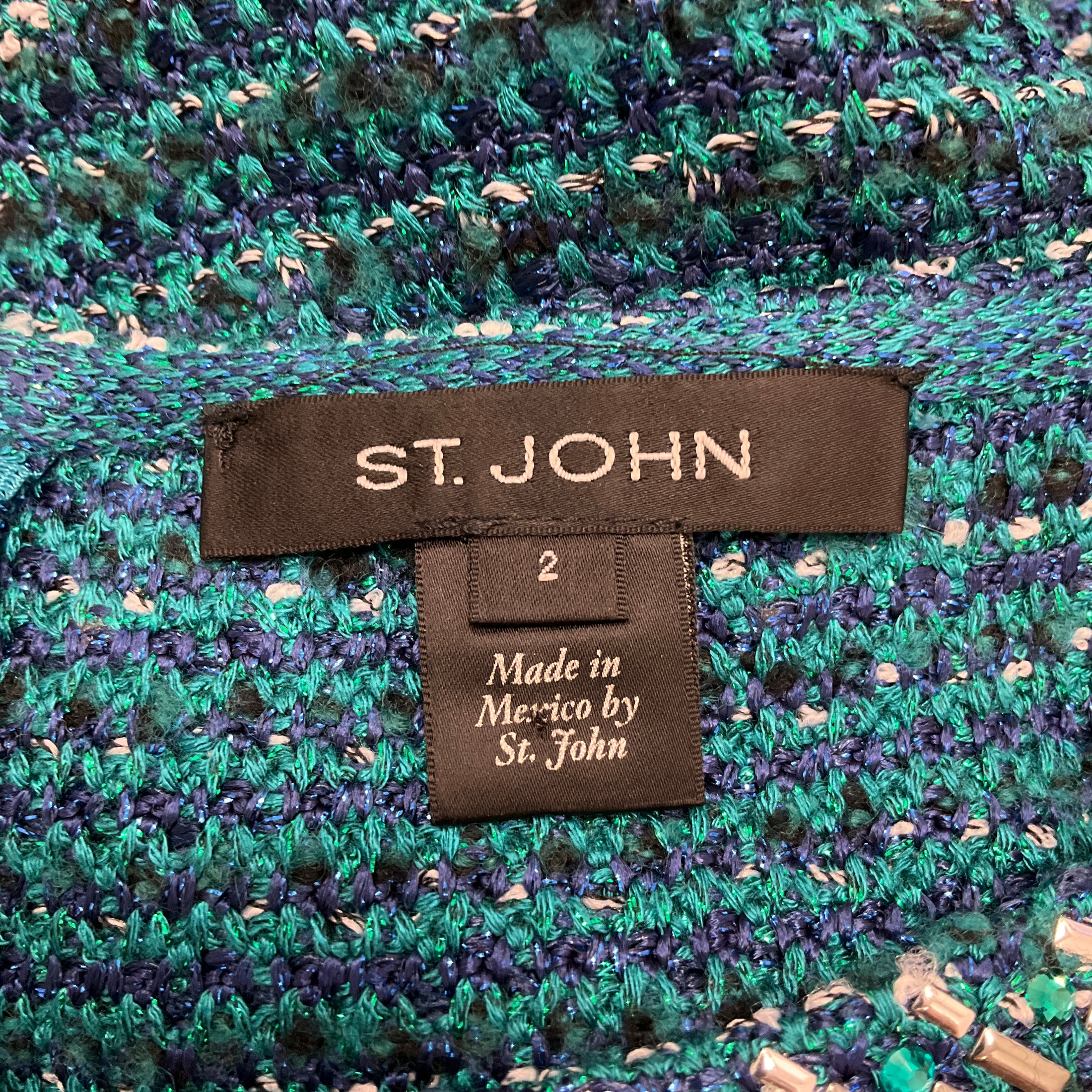 St. John Teal Multi Metallic Knit Short Sleeved Cocktail Dress