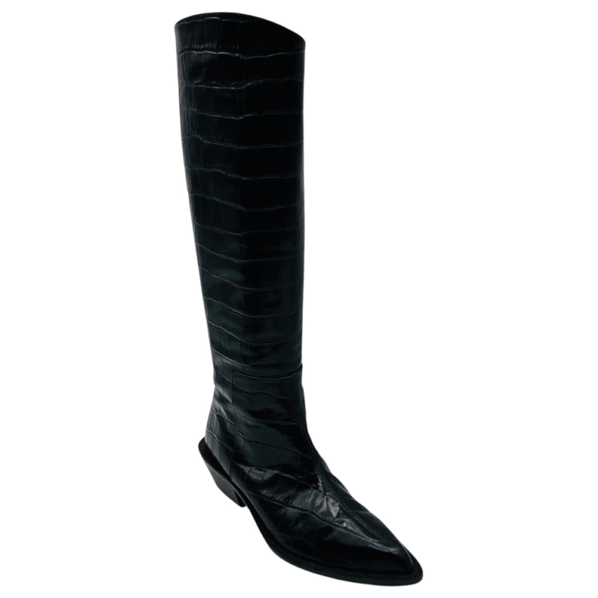 Tibi Black Croc Embossed Leather Tall Western Boots