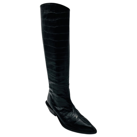 Tibi Black Croc Embossed Leather Tall Western Boots