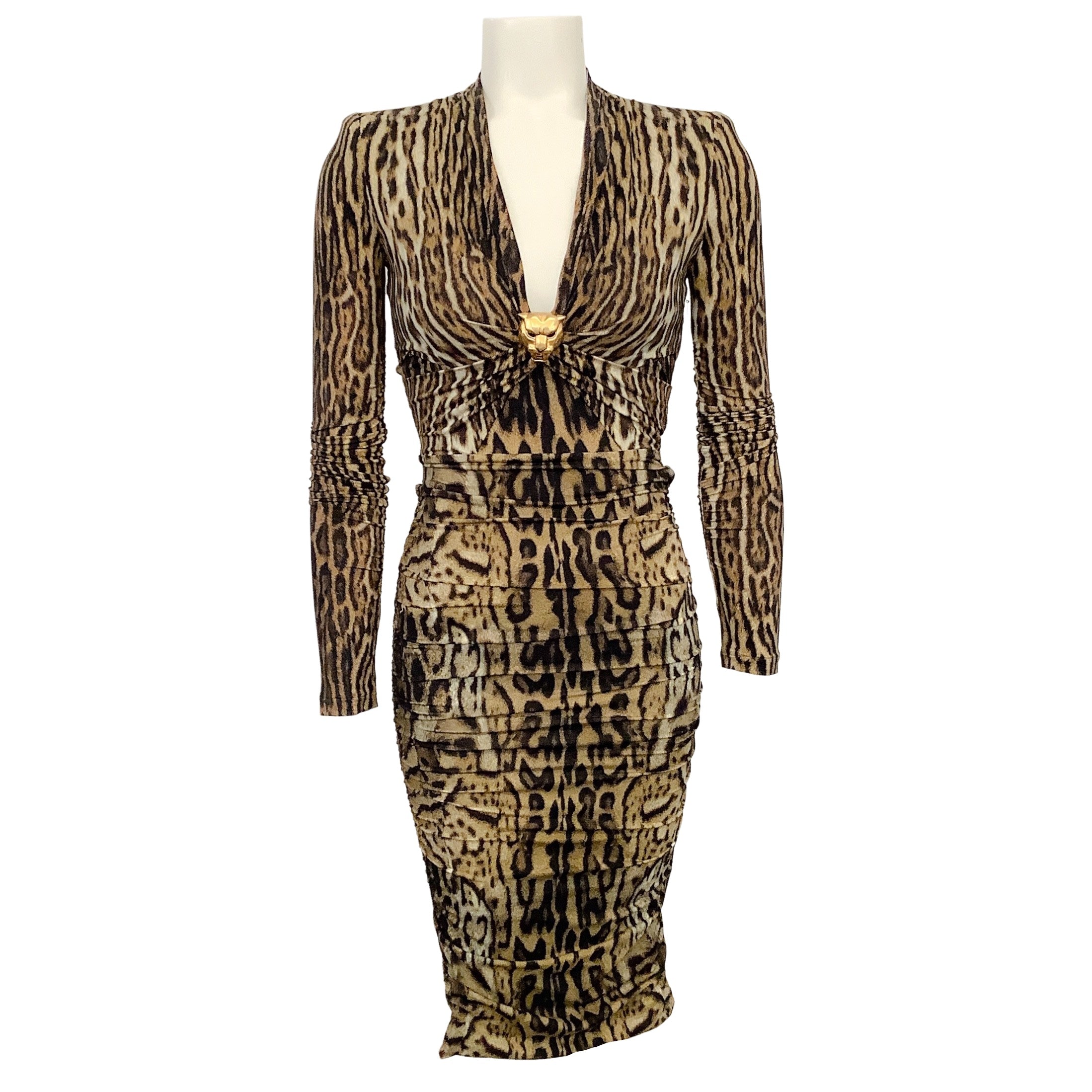 Roberto Cavalli Brown Multi Ruched Animal Print Dress with Leopard Head Embellishment