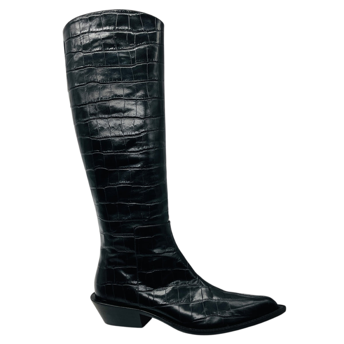 Tibi Black Croc Embossed Leather Tall Western Boots