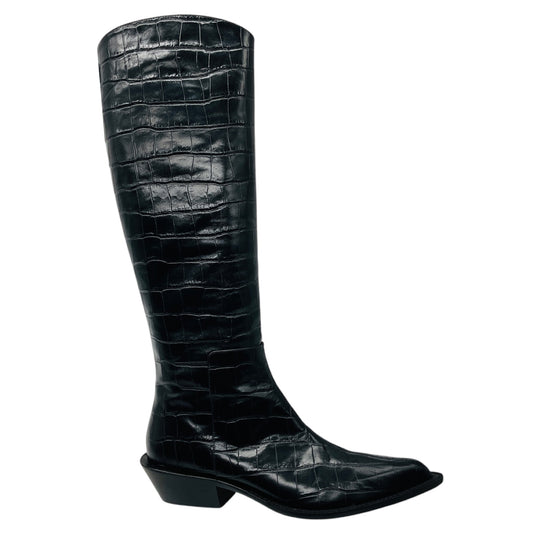 Tibi Black Croc Embossed Leather Tall Western Boots