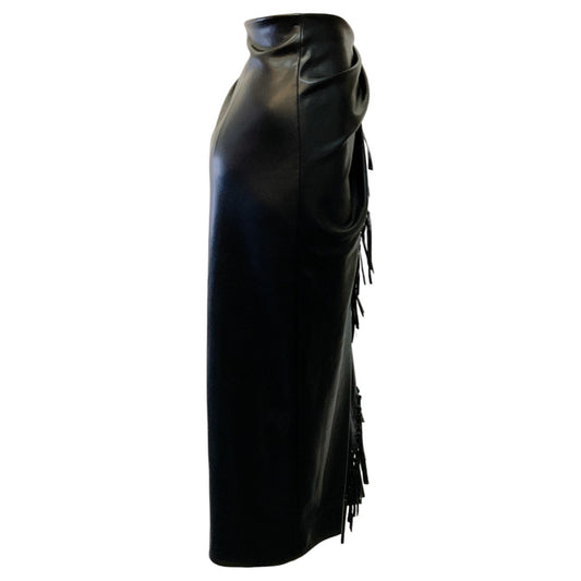 Jonathan Simkhai Black Faux Leather Sabine Fringe Wrap Midi Skirt