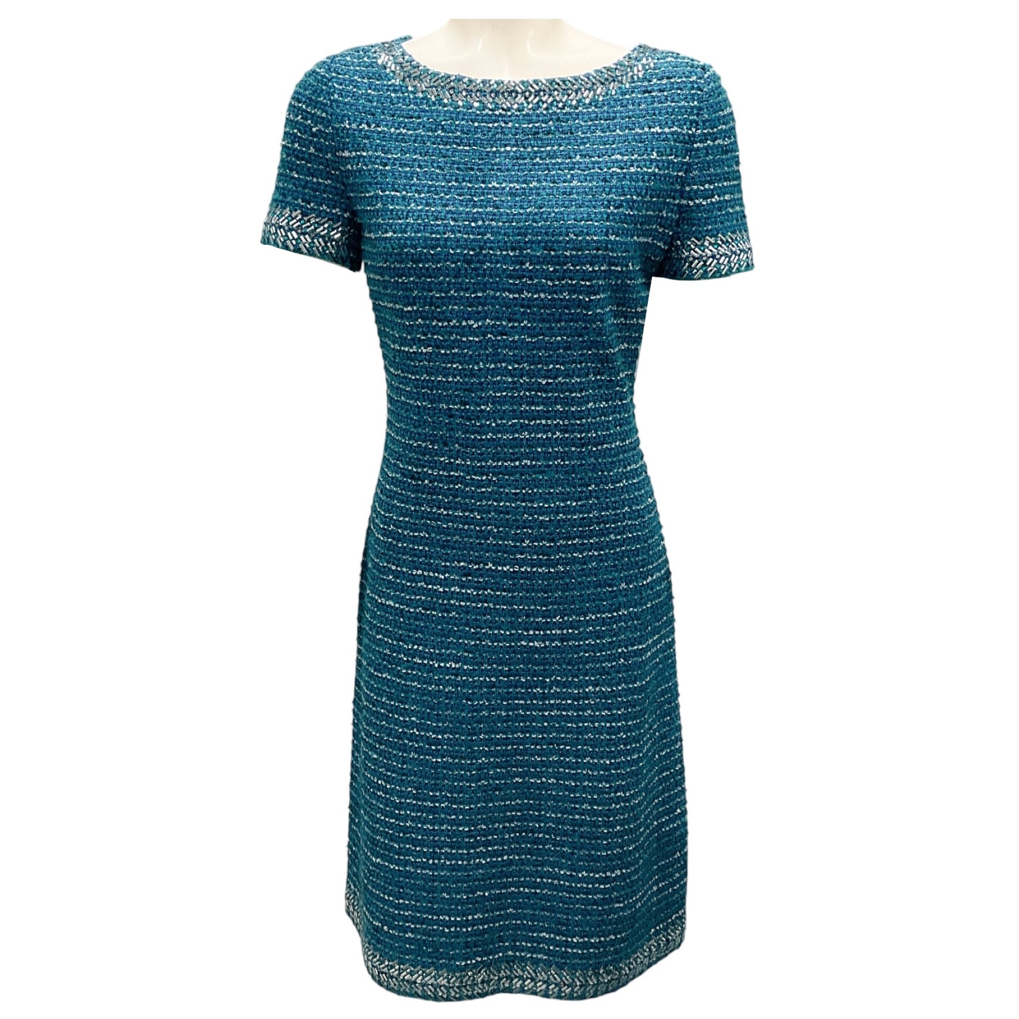 St. John Teal Multi Metallic Knit Short Sleeved Cocktail Dress