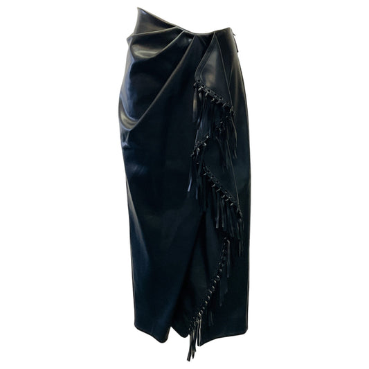 Jonathan Simkhai Black Faux Leather Sabine Fringe Wrap Midi Skirt
