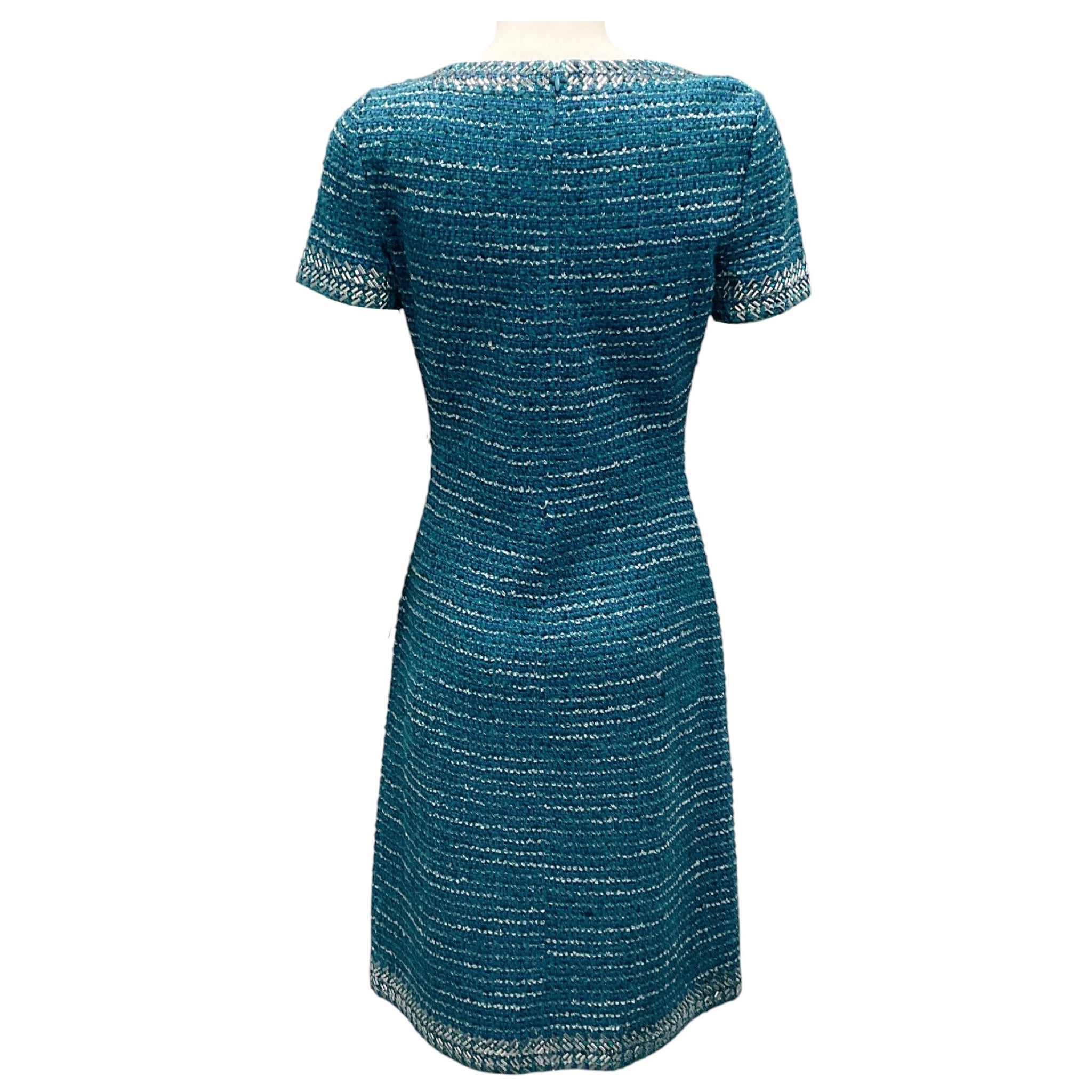 St. John Teal Multi Metallic Knit Short Sleeved Cocktail Dress
