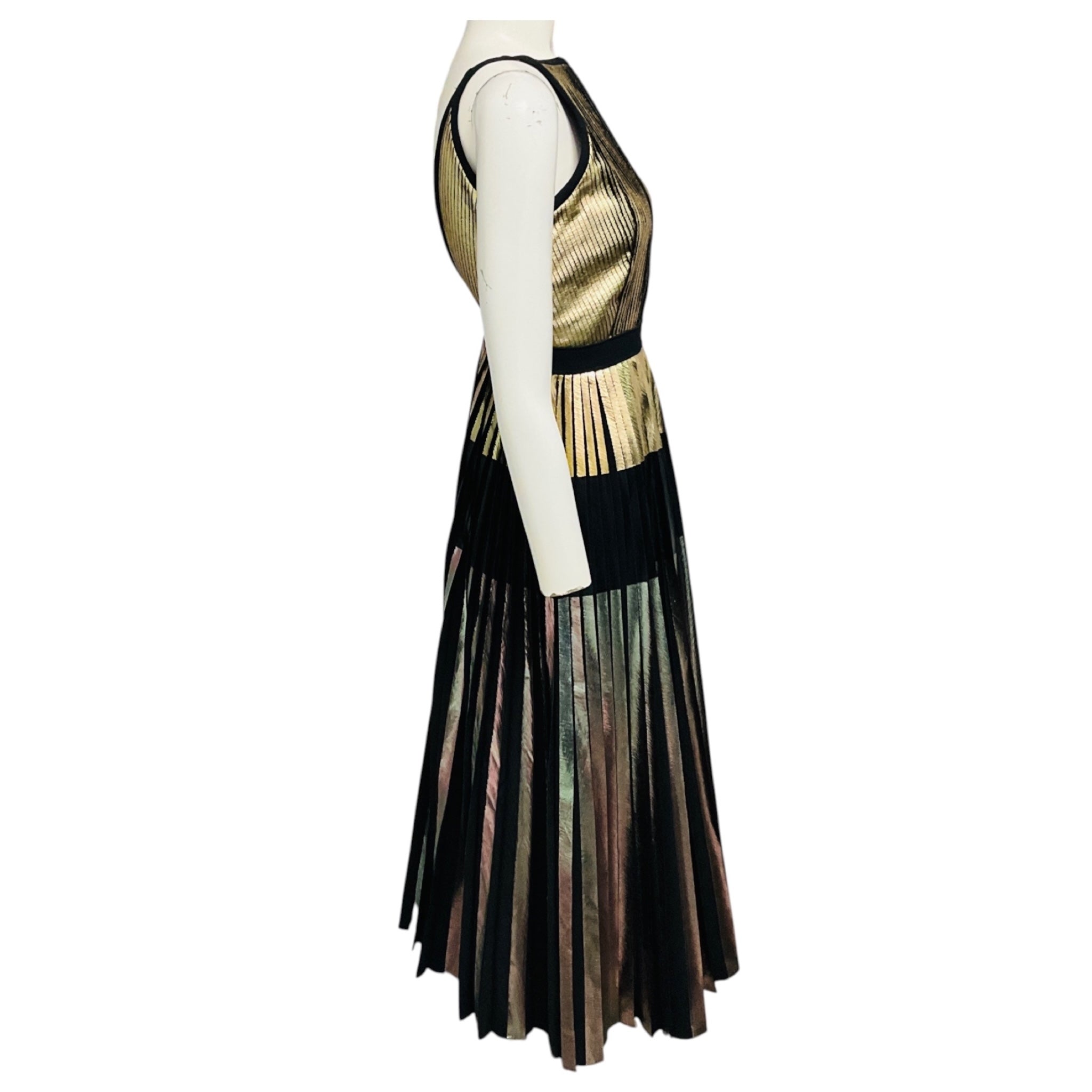 Proenza Schouler Gold Metallic / Black Sleeveless Pleated Cocktail Dress
