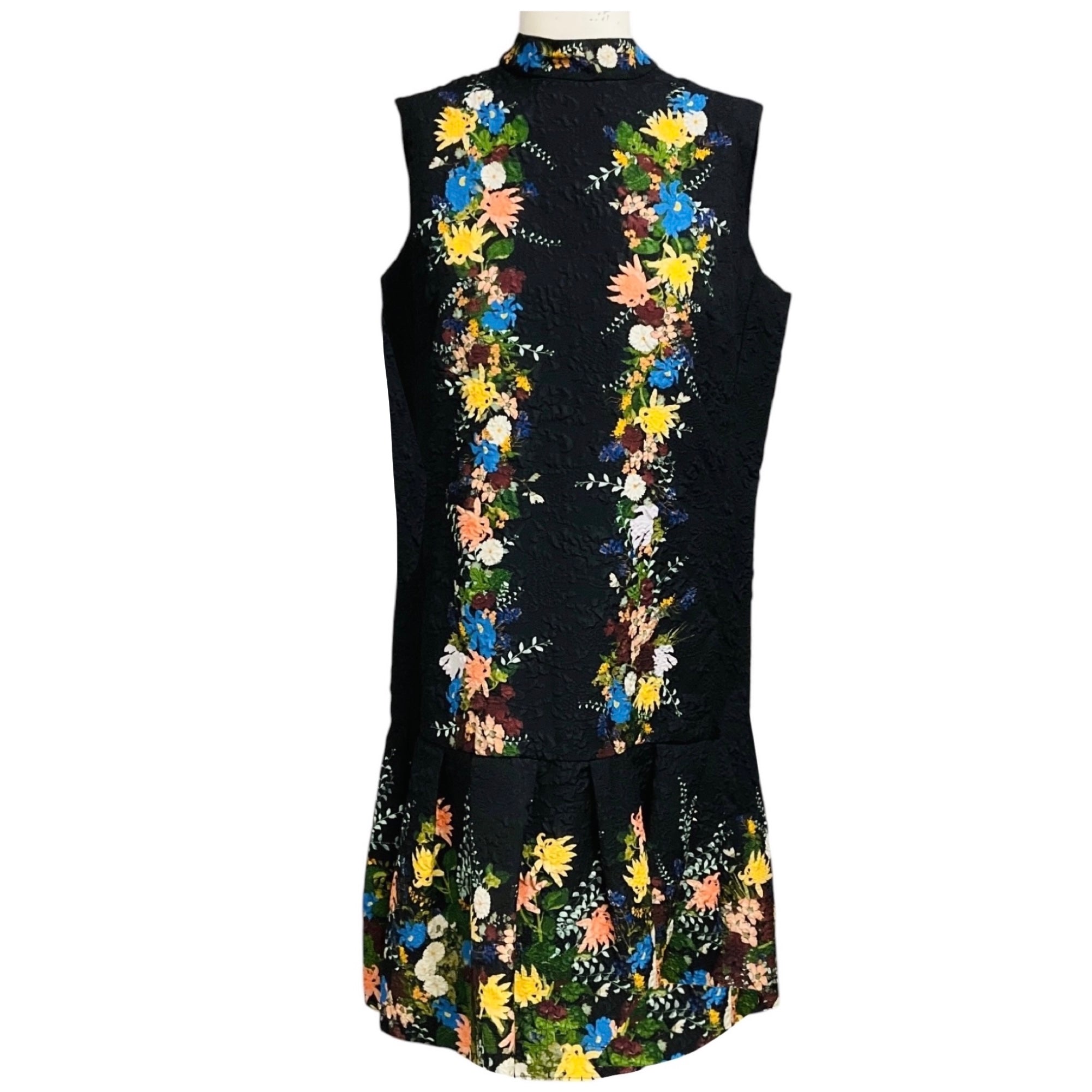 Erdem Black Multi Nena Pleated Floral Print Cloque Dress