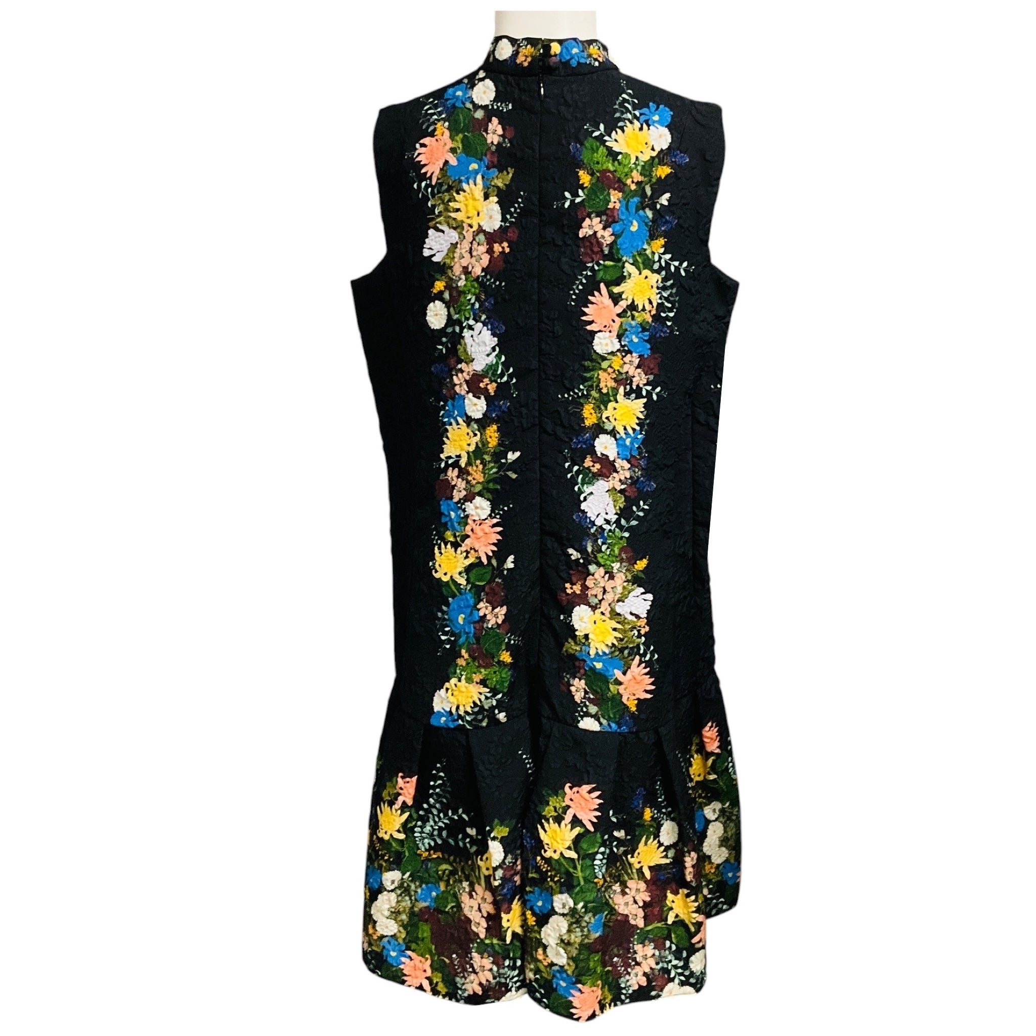 Erdem Black Multi Nena Pleated Floral Print Cloque Dress