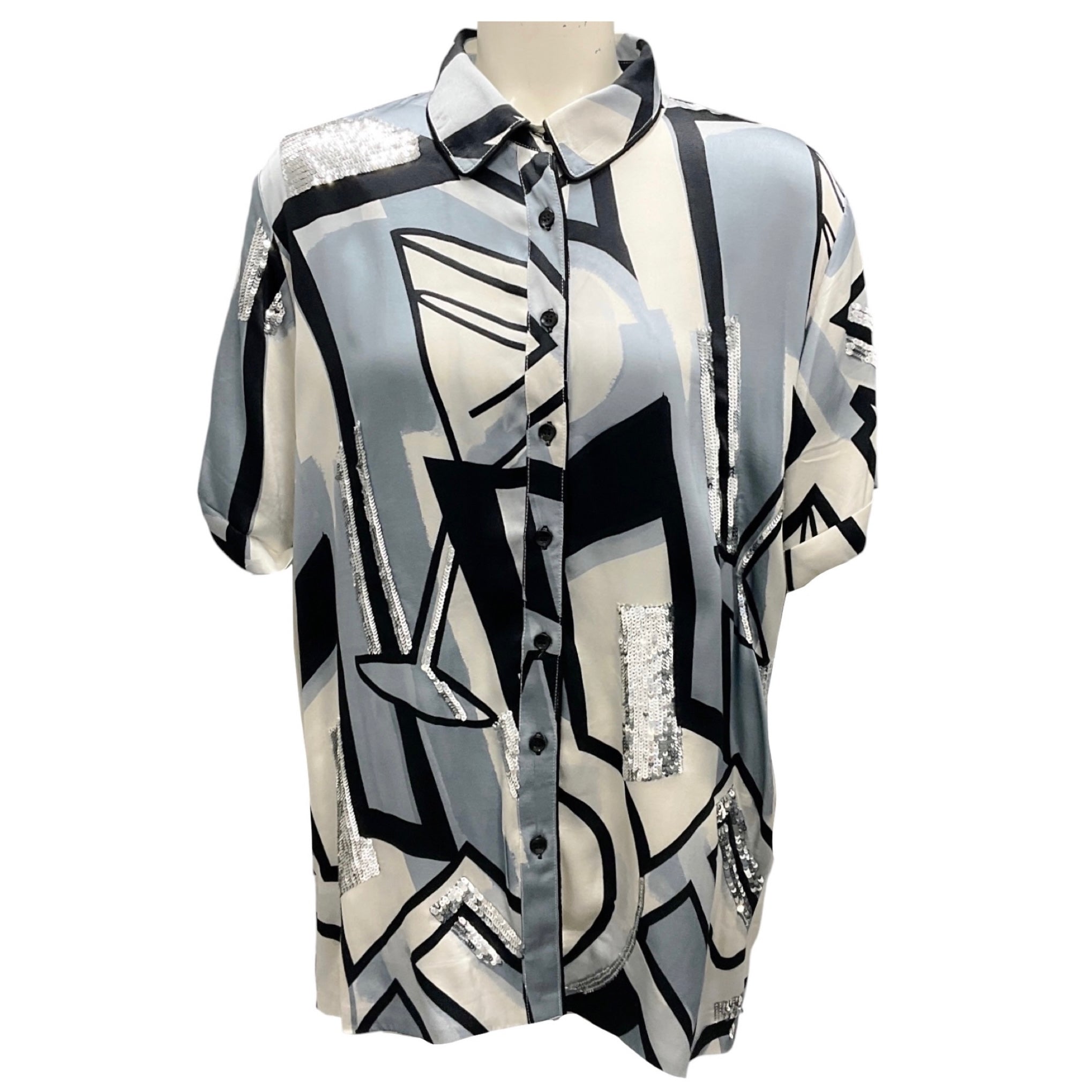 Retrofete Silver / Black Sequined Martini Print Silk Blouse