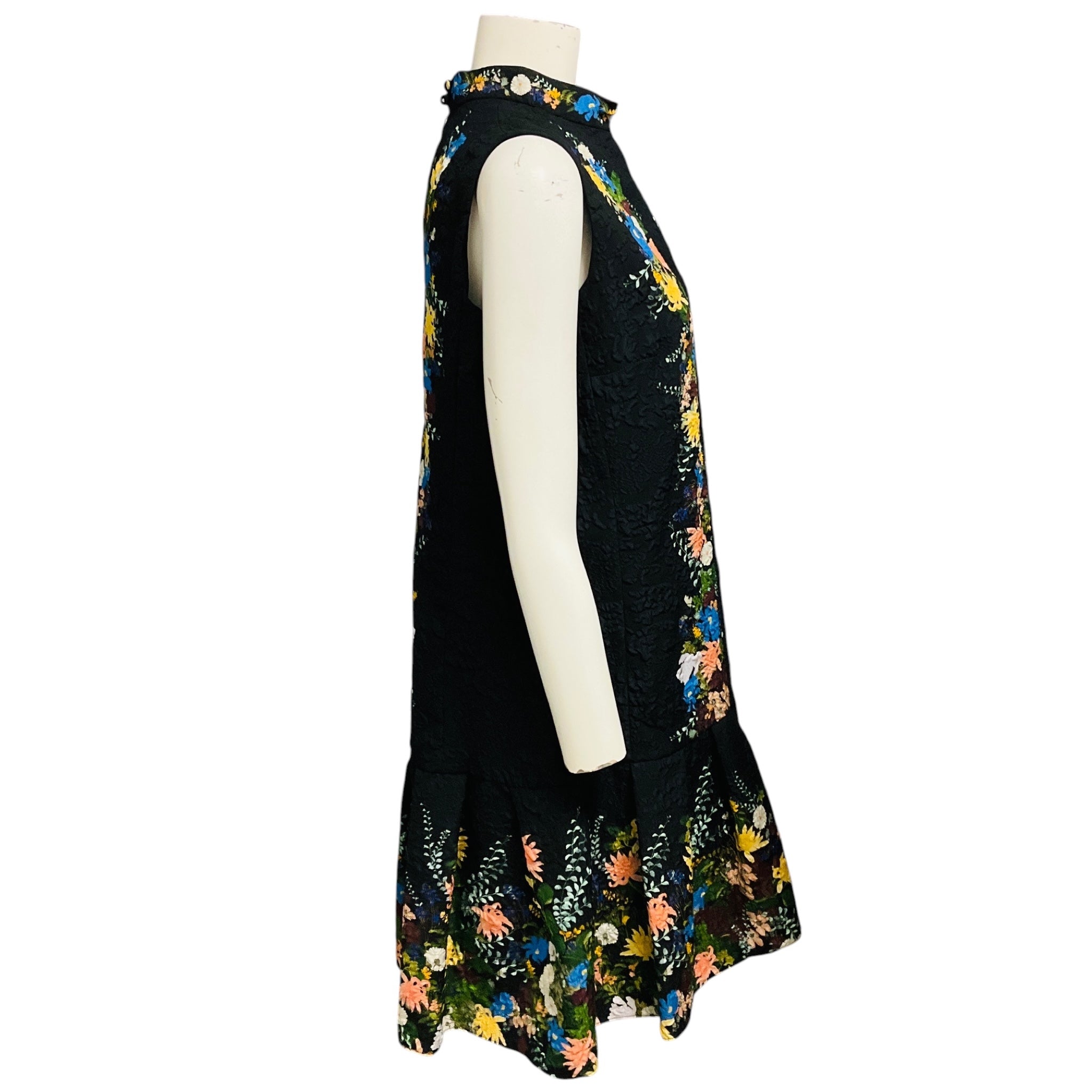 Erdem Black Multi Nena Pleated Floral Print Cloque Dress