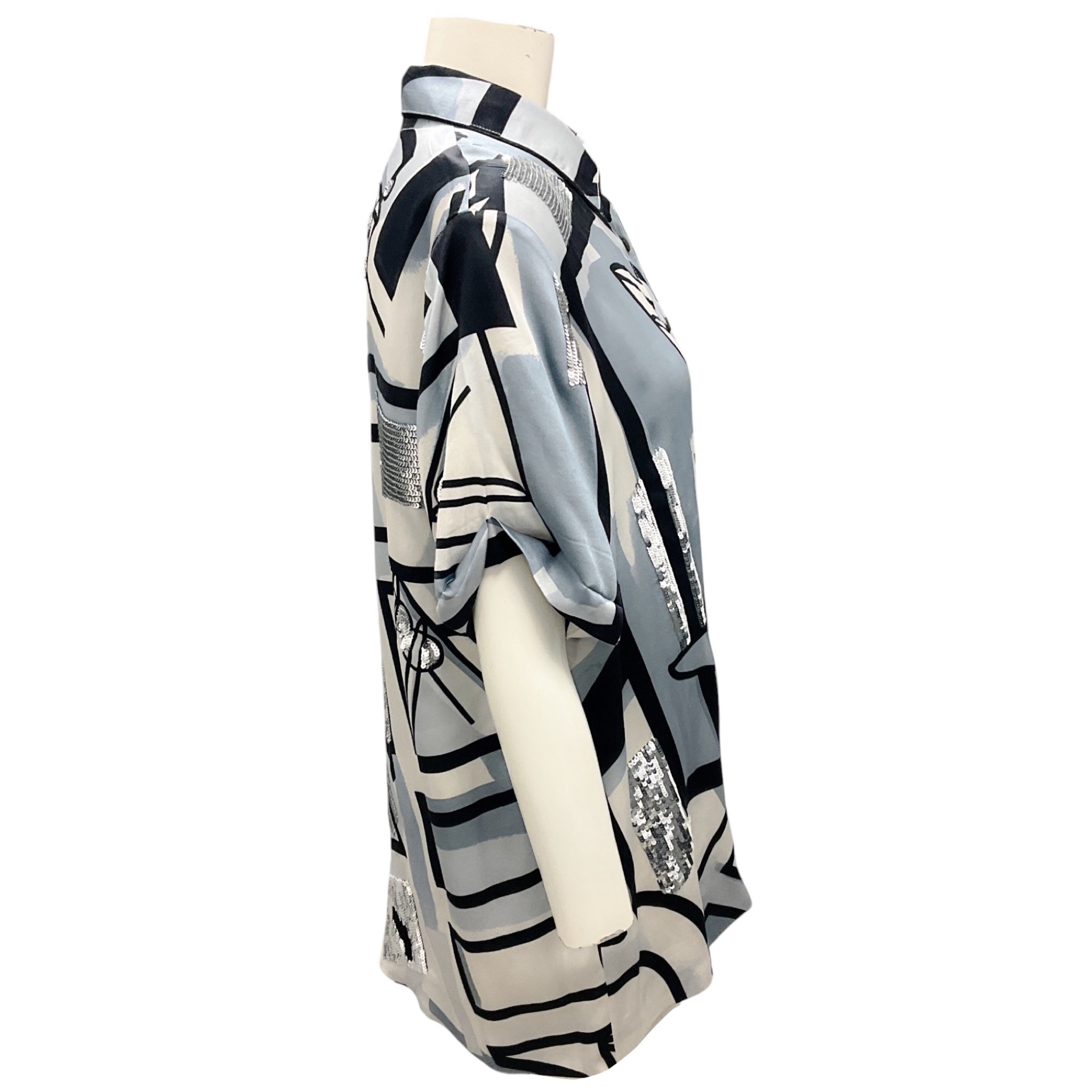 Retrofete Silver / Black Sequined Martini Print Silk Blouse