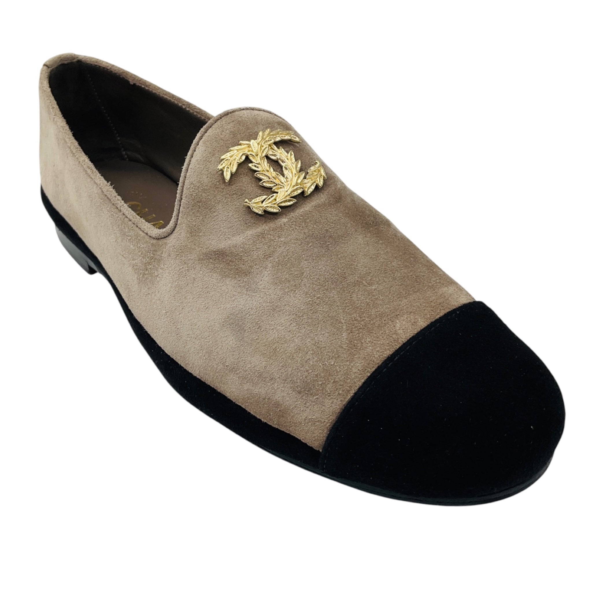 Chanel Taupe / Black / Gold CC Logo Cap Toe Suede Loafer Flats