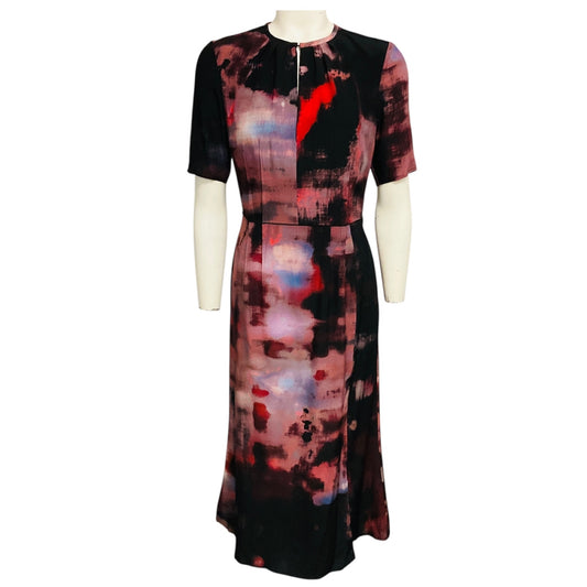 Altuzarra Black / Mauve Multi Watercolor Print Short Sleeved Silk Midi Dress