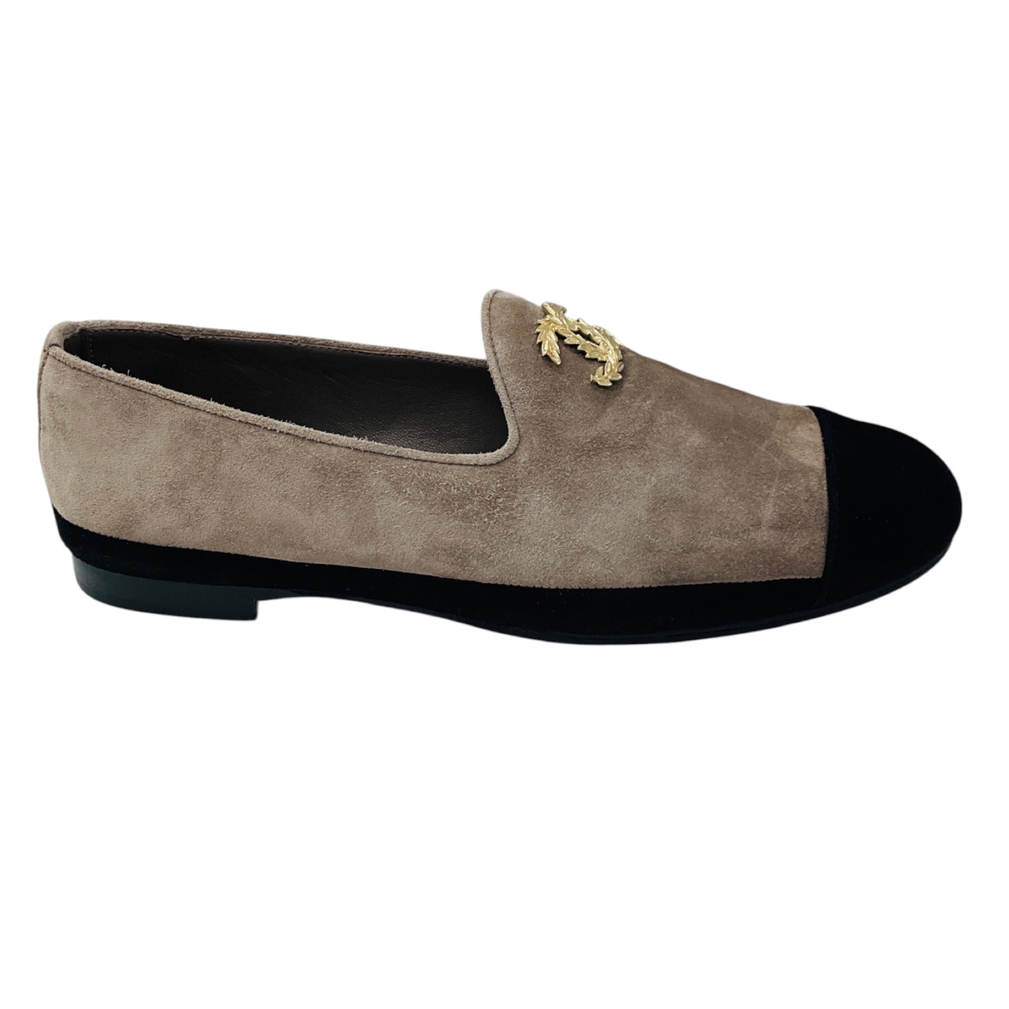 Chanel Taupe / Black / Gold CC Logo Cap Toe Suede Loafer Flats