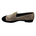 Load image into Gallery viewer, Chanel Taupe / Black / Gold CC Logo Cap Toe Suede Loafer Flats
