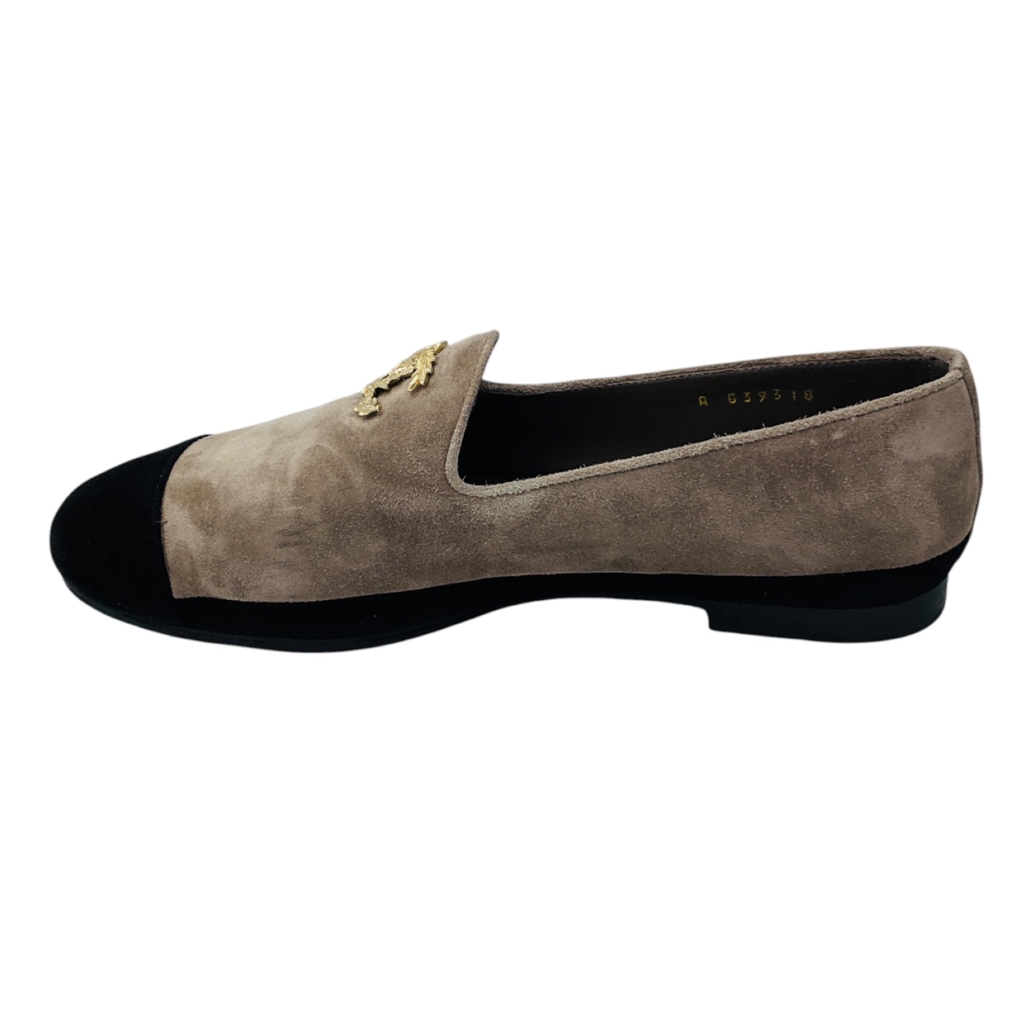 Chanel Taupe / Black / Gold CC Logo Cap Toe Suede Loafer Flats