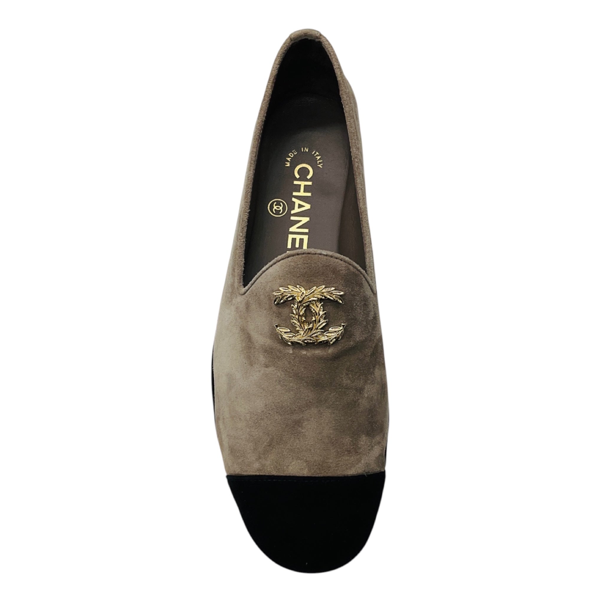 Chanel Taupe / Black / Gold CC Logo Cap Toe Suede Loafer Flats