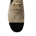 Load image into Gallery viewer, Chanel Taupe / Black / Gold CC Logo Cap Toe Suede Loafer Flats
